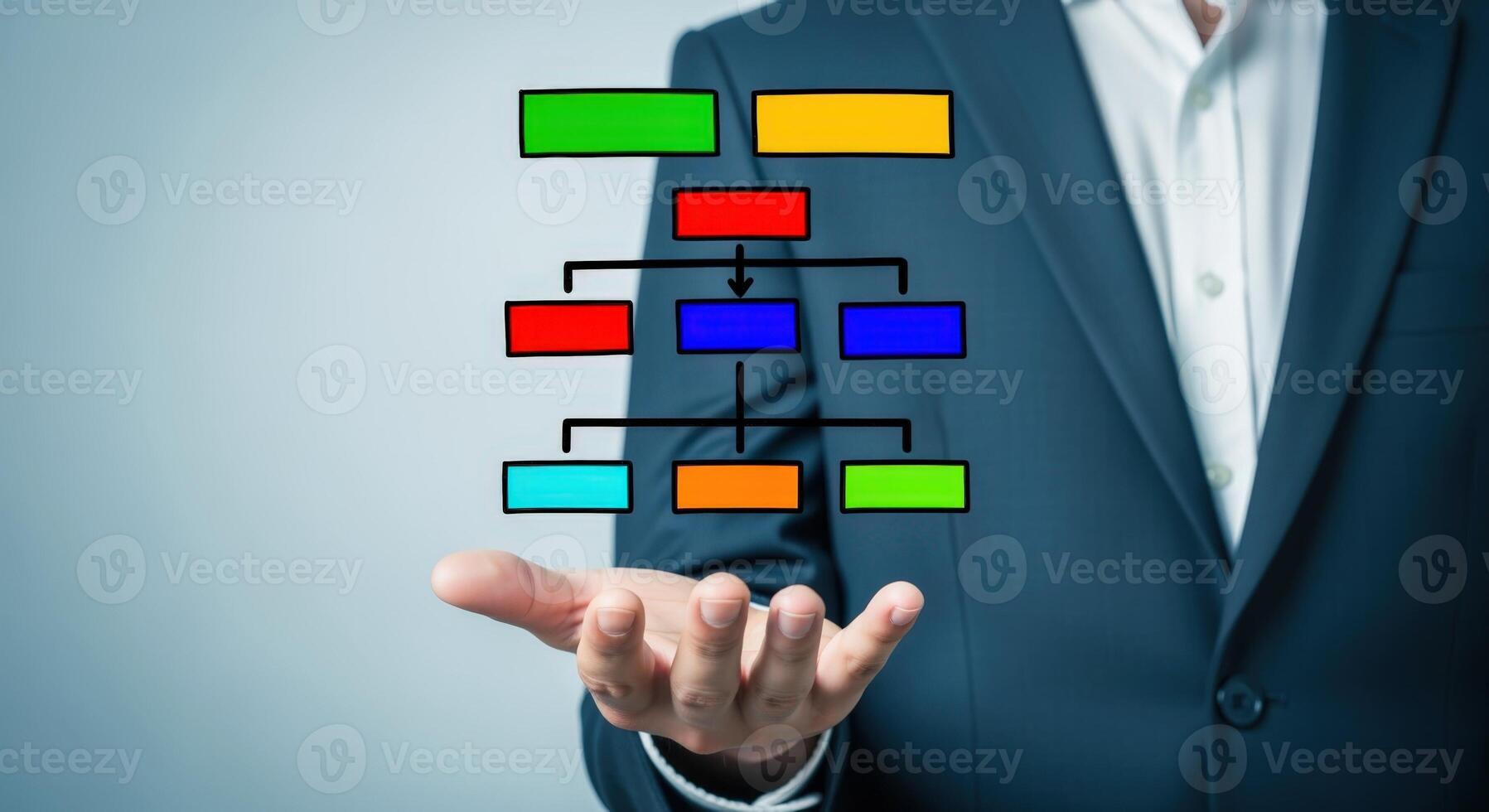 Businessman Presenting a Flowchart Illustration on His Hand, Representing Business Structure and Strategy photo