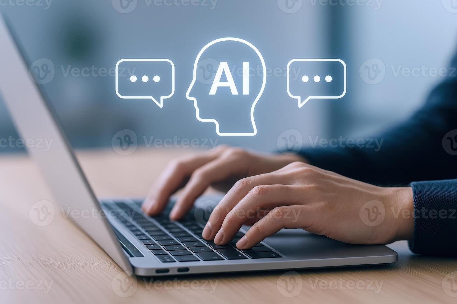 AI-Powered Communication Person Typing on Laptop with Artificial Intelligence Chat Interface Overlay for Business photo