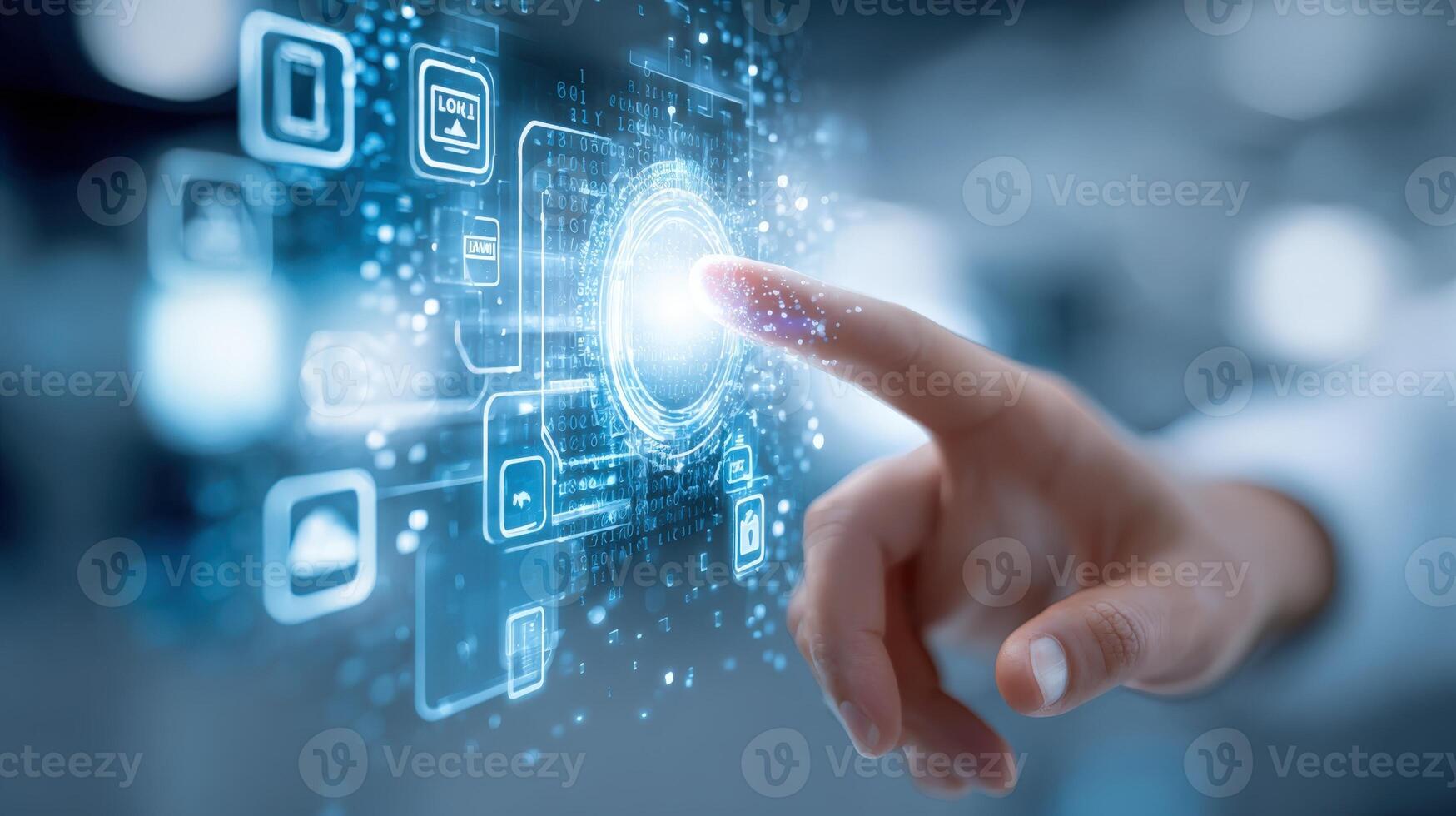 Finger touching a digital interface button, activating data network and online information access point photo