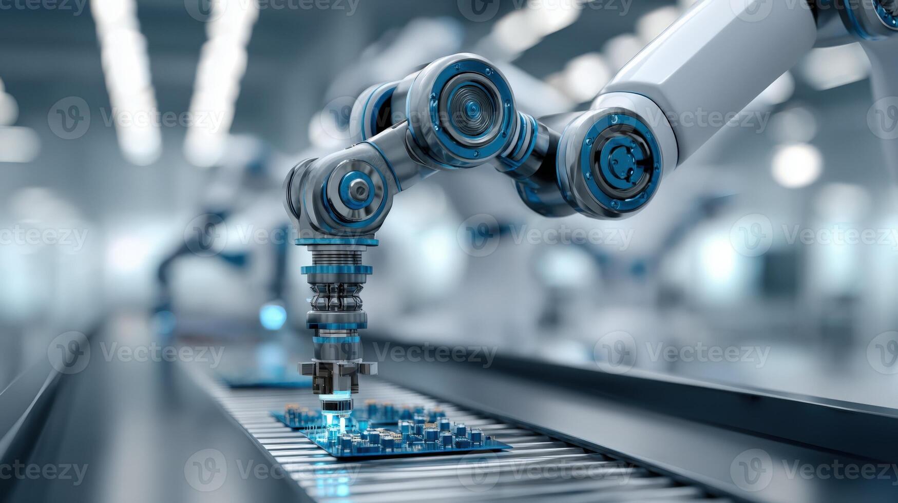 Automated Robotic Arm Precision Placement of Electronic Component on Conveyor Belt in Futuristic Factory photo