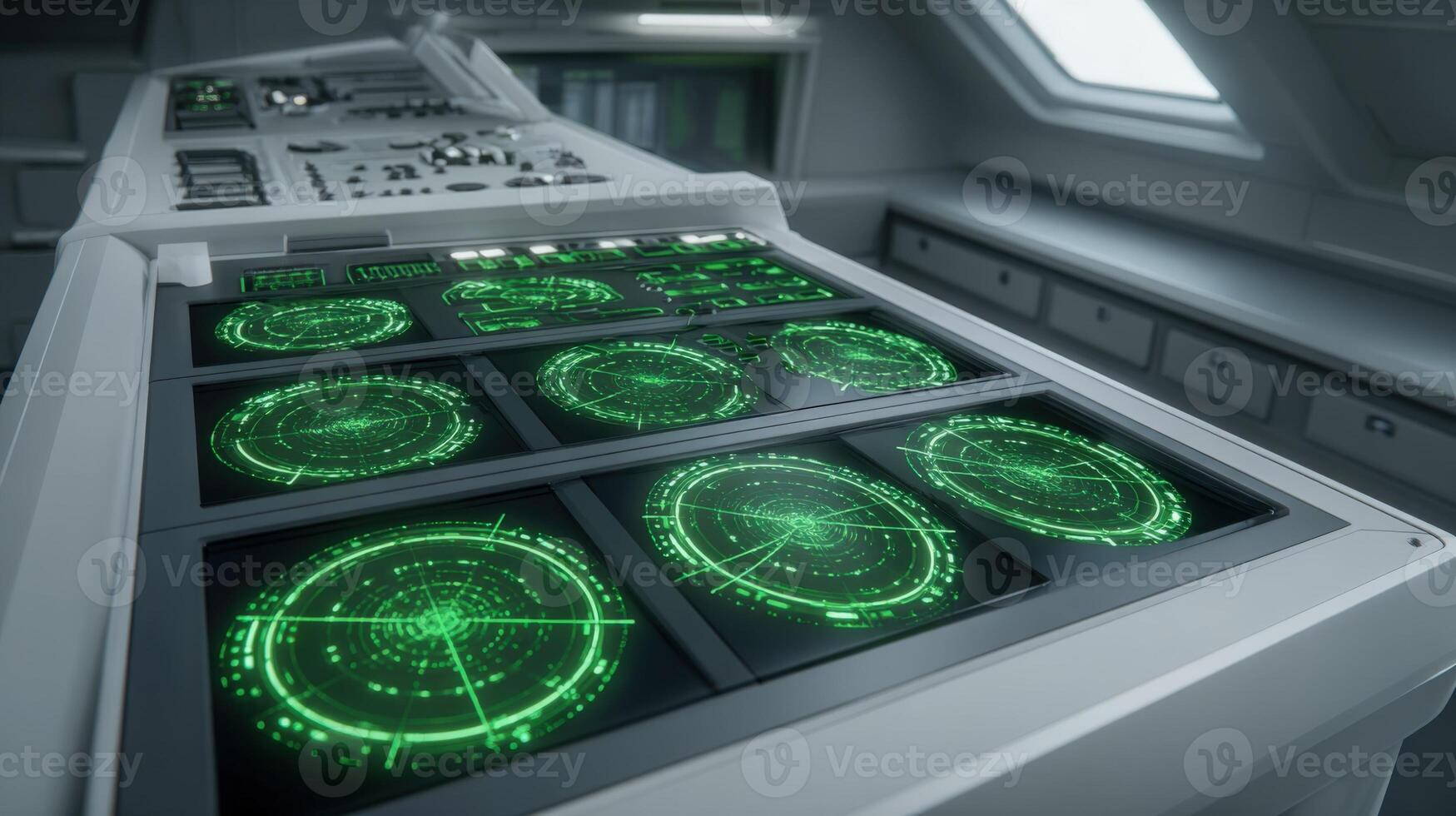 Futuristic spaceship console interface featuring multiple green radar screens displaying technical data and spatial information photo