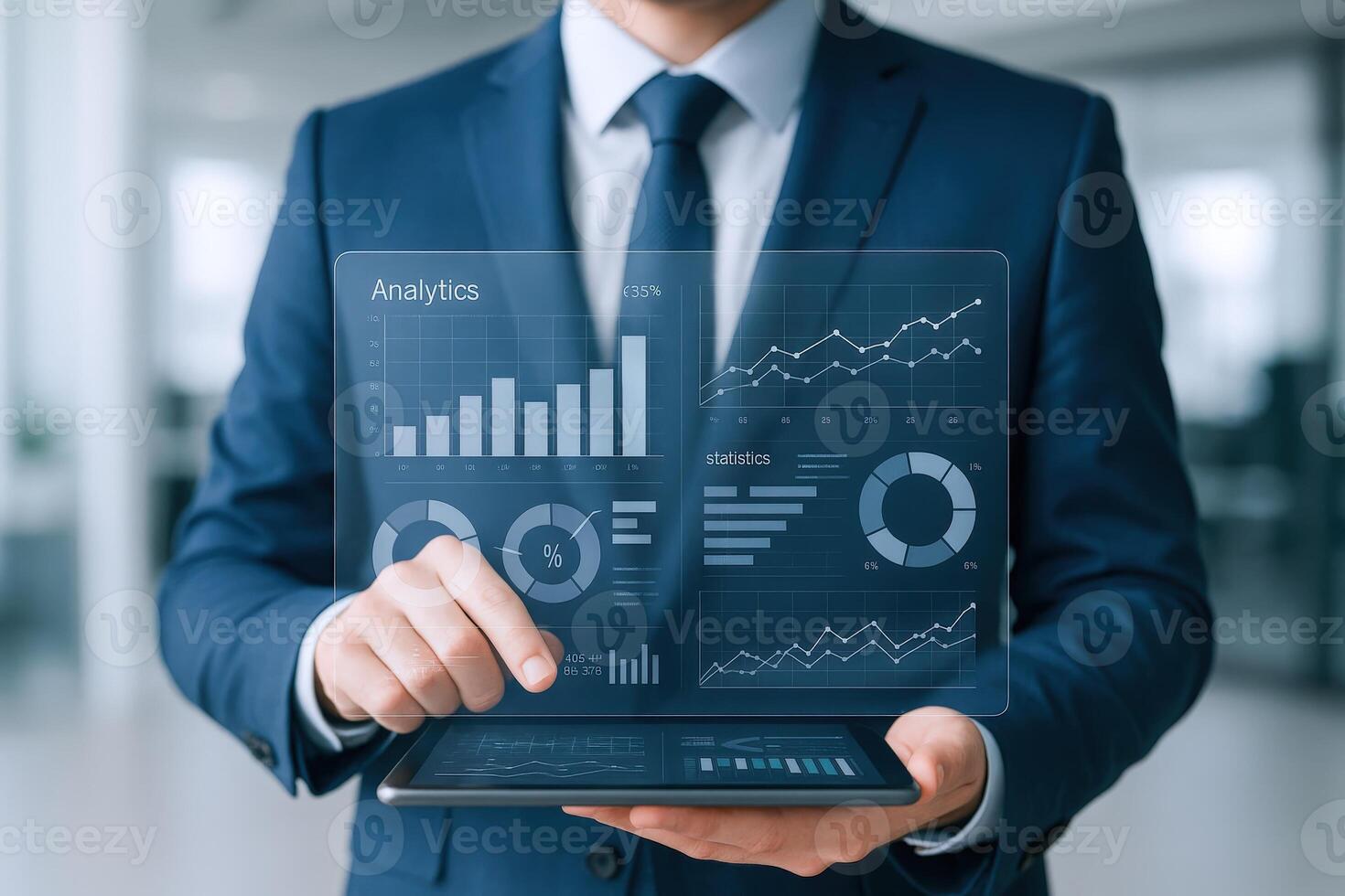 Businessman Analyzing Data on Digital Tablet with Interactive Analytics Dashboard for Strategic Decision-Making photo