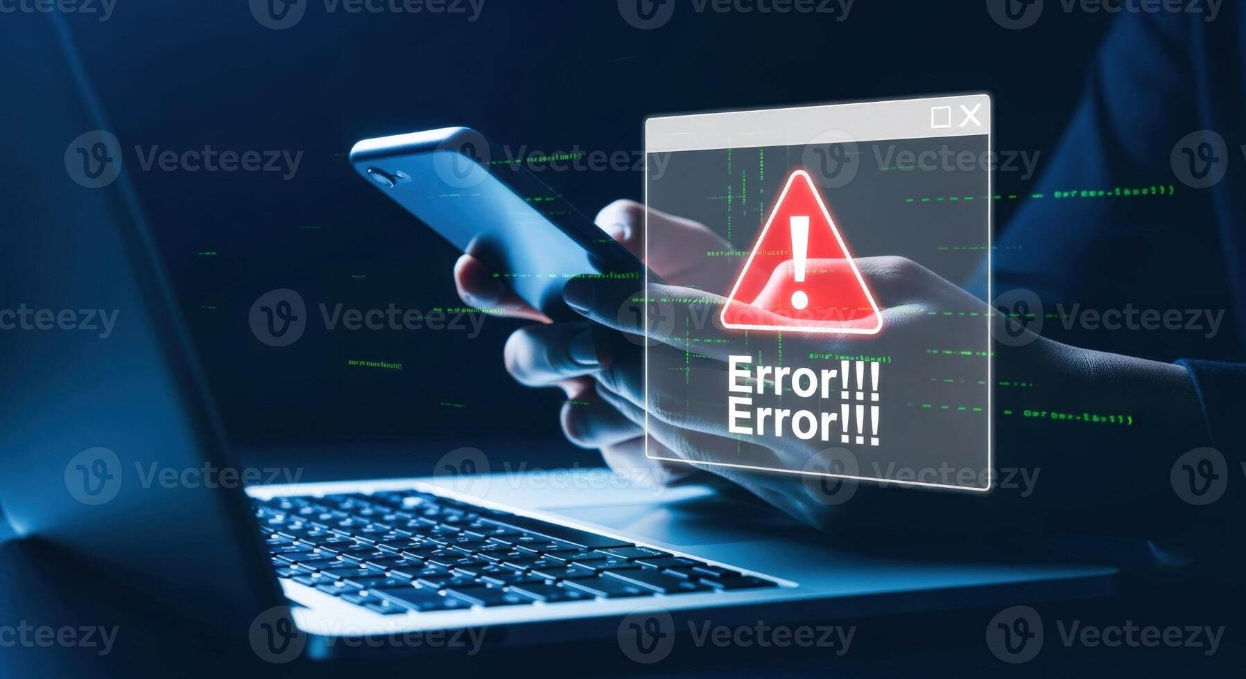 Digital Error Message on Screen User Holding Phone with Laptop Showing Alert photo