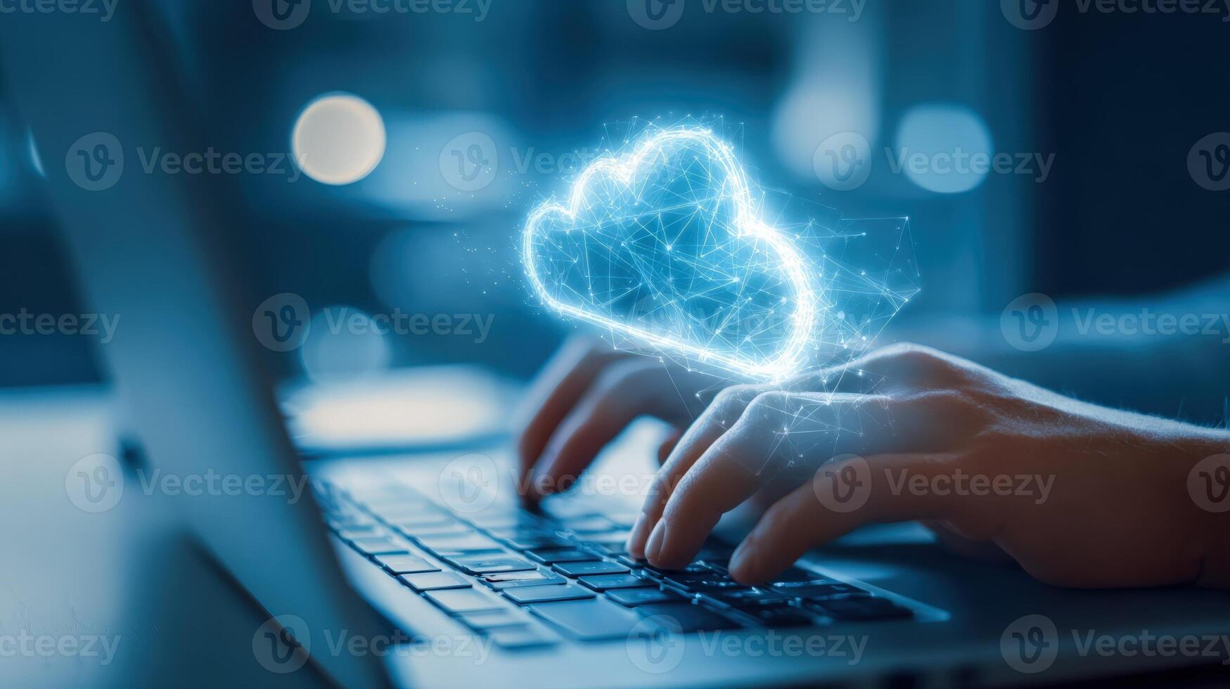 Cloud Computing Person Using Laptop with Digital Cloud Icon for Data Storage and Security photo