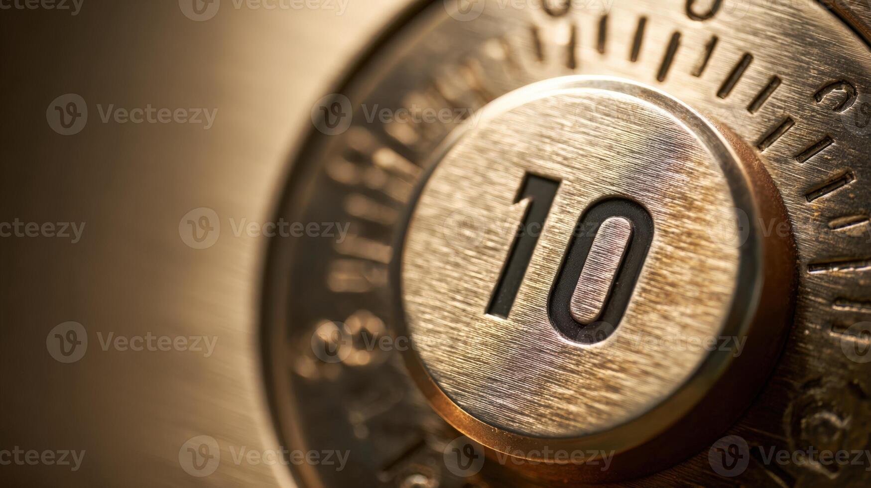 Close-up of a metal combination safe lock with the number 10 highlighted in the center photo