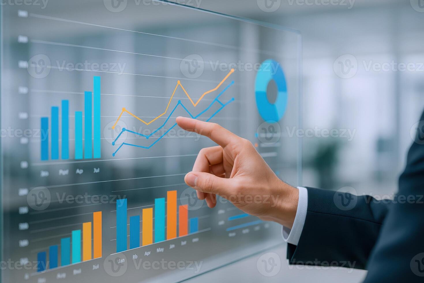 Analyzing Financial Data on Transparent Screen Businessman Interpreting Charts and Graphs for Investment Strategy photo