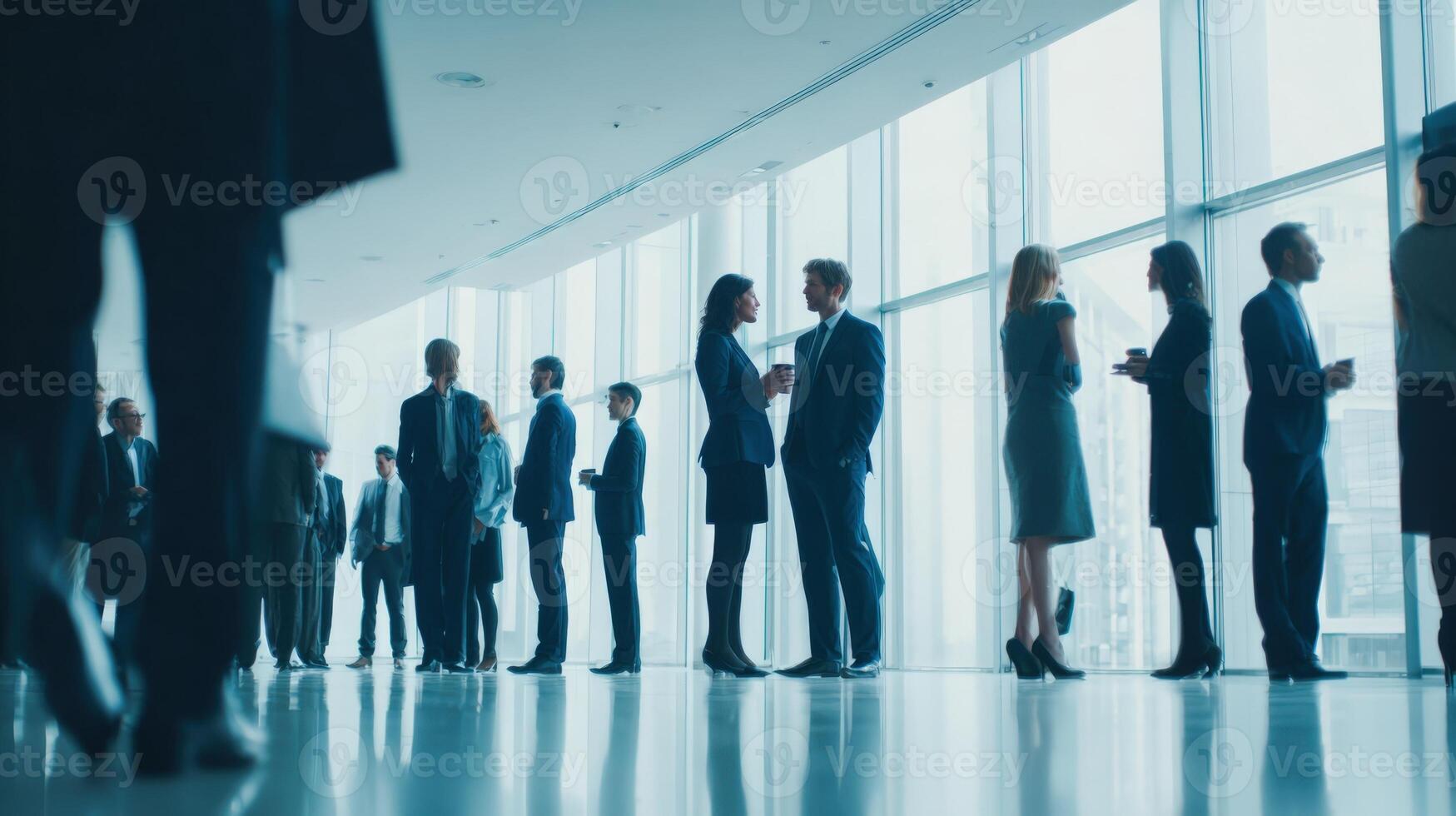 Business Professionals Networking During Break at Conference in Modern Building with Natural Light photo