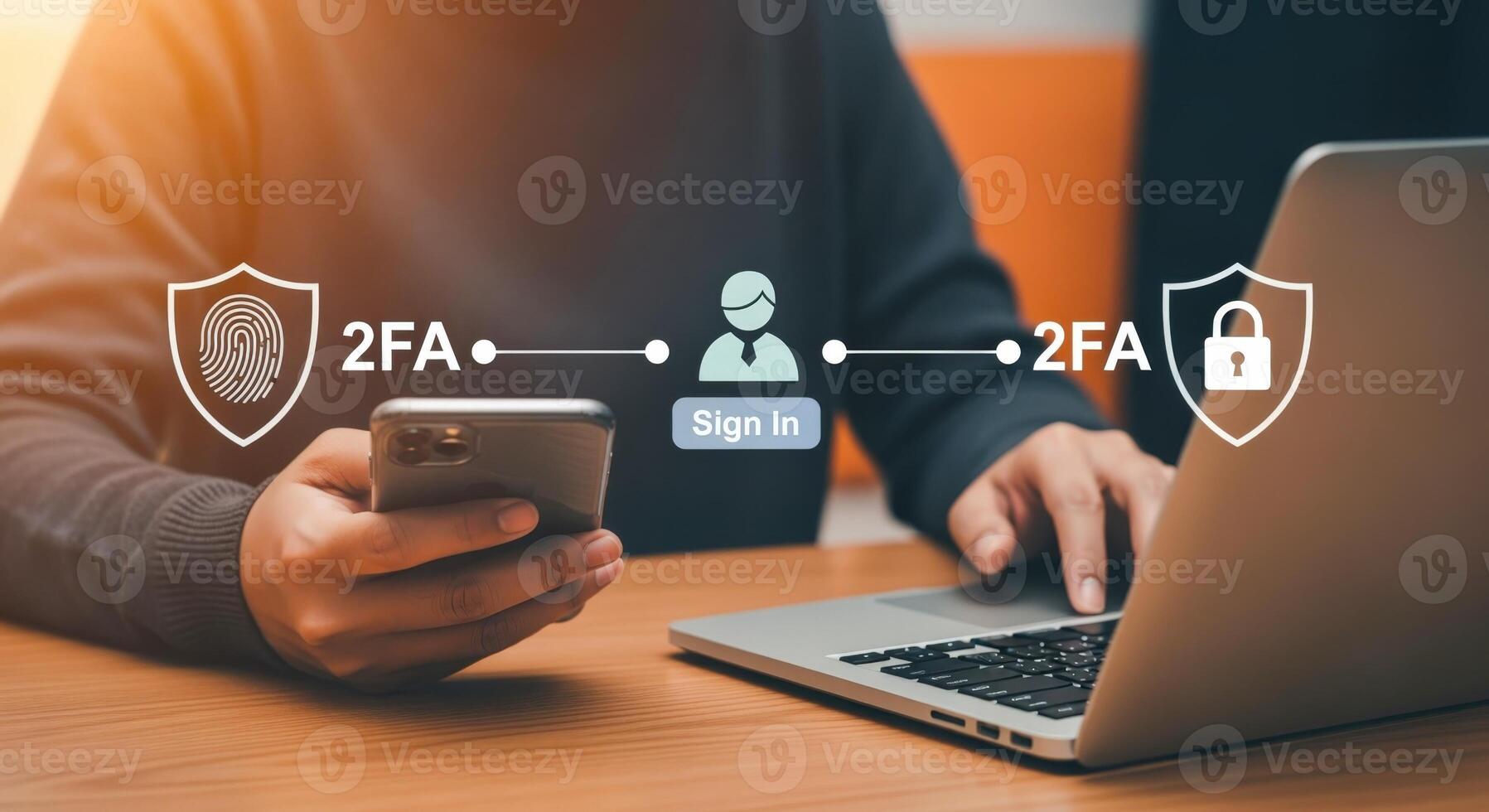 Two-Factor Authentication Concept Person Using Smartphone and Laptop for Secure Sign-In Process with Data Protection photo