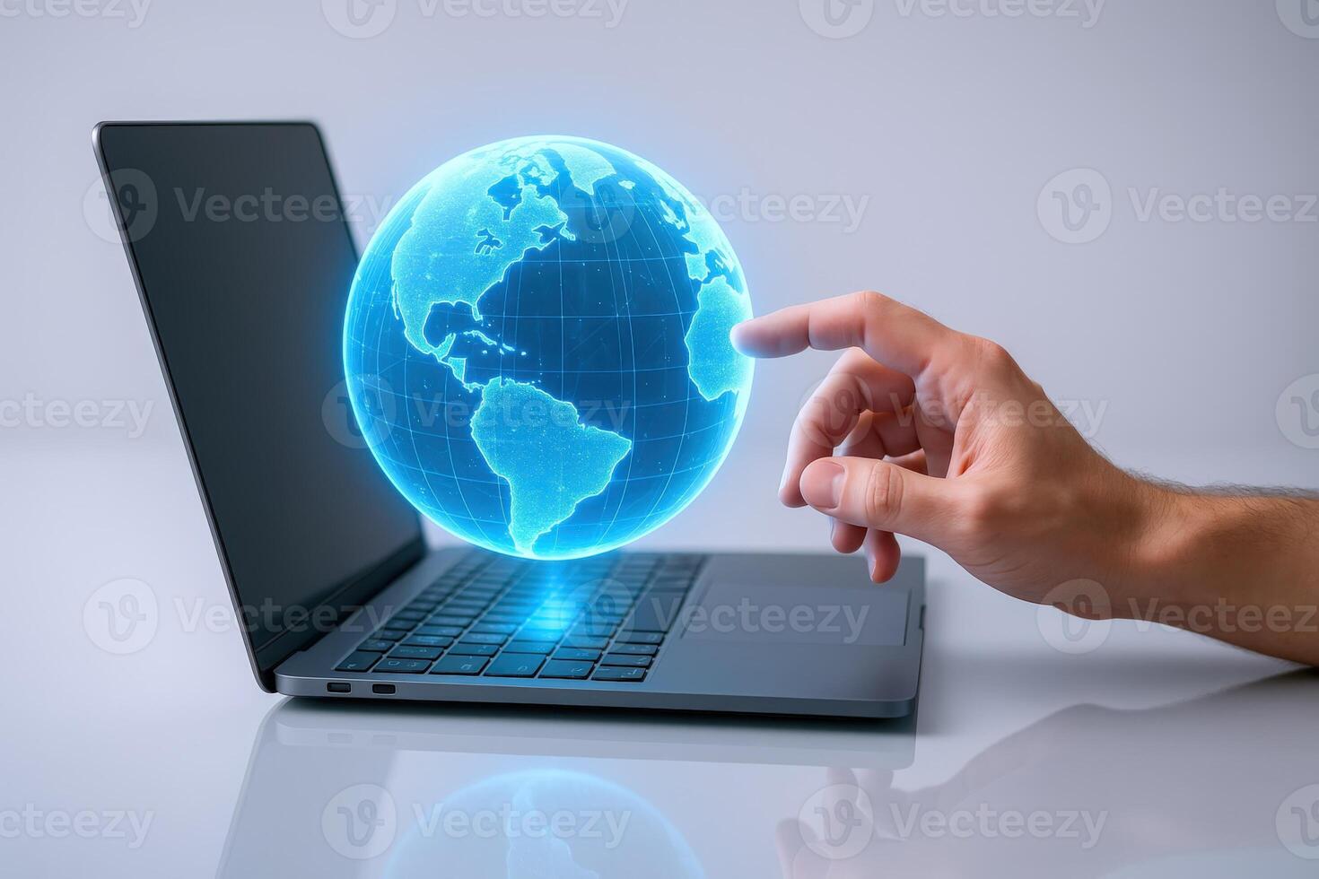Global Connection Man Interacting with Holographic Globe Displayed on Laptop, Representing Worldwide Digital Communication photo