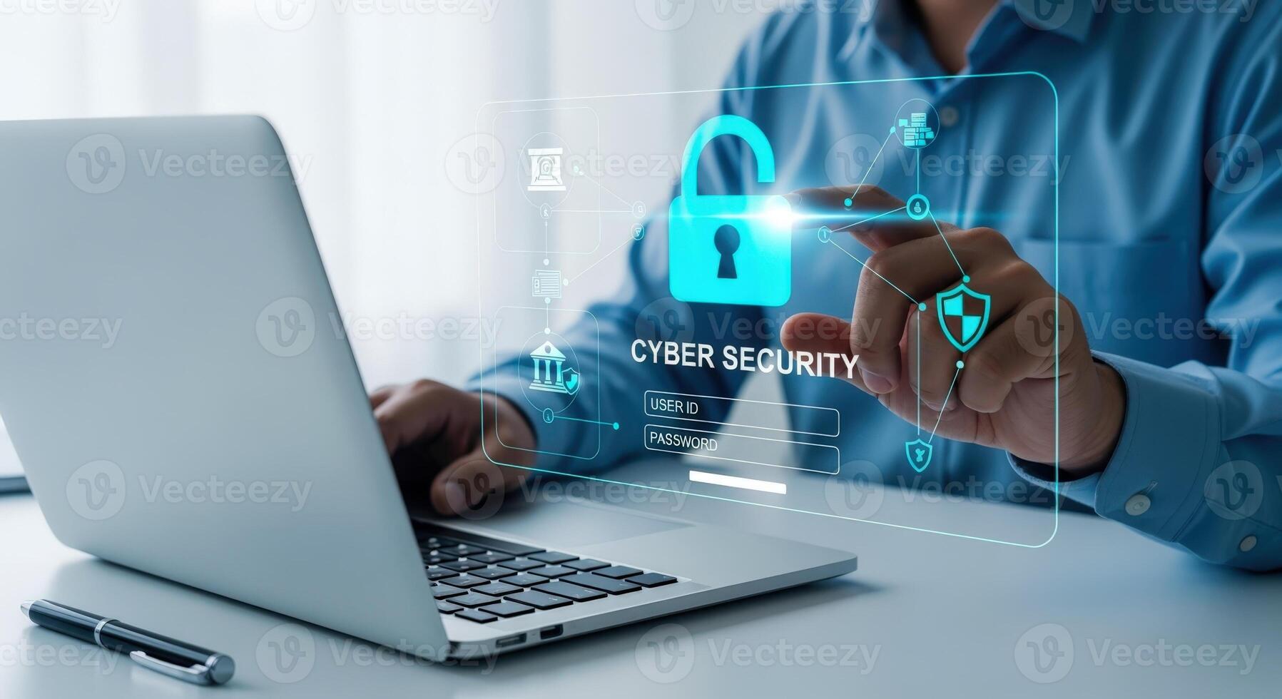 Cyber Security Expert Working on Laptop with Digital Display for Online Data Protection photo