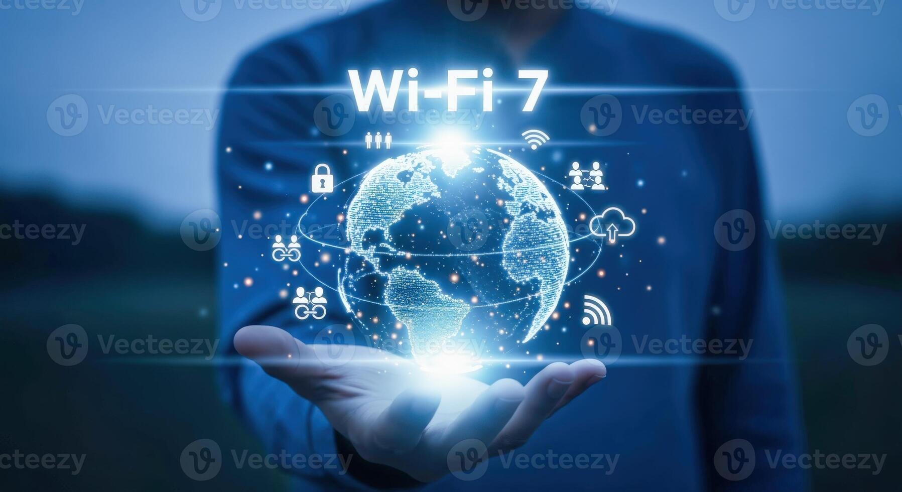 Global Connectivity via Advanced Technology A Person Presenting Network Concept with Digital Globe on Hand photo