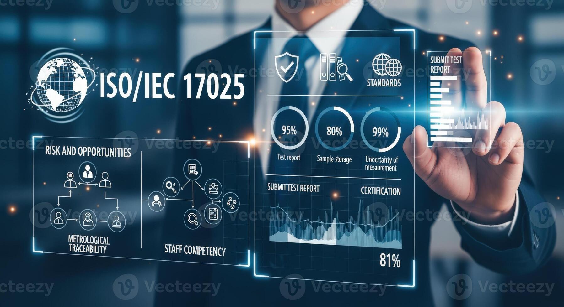 ISO IEC 17025 Certification Concept Businessman Navigating Digital Interface for Testing, Calibration, and Quality Assurance Standards photo