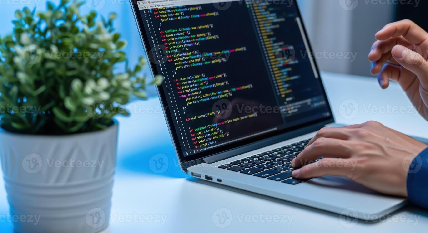 Close-up of Programmer Coding on Laptop with Plant, Modern Workspace, Professional Software Development photo