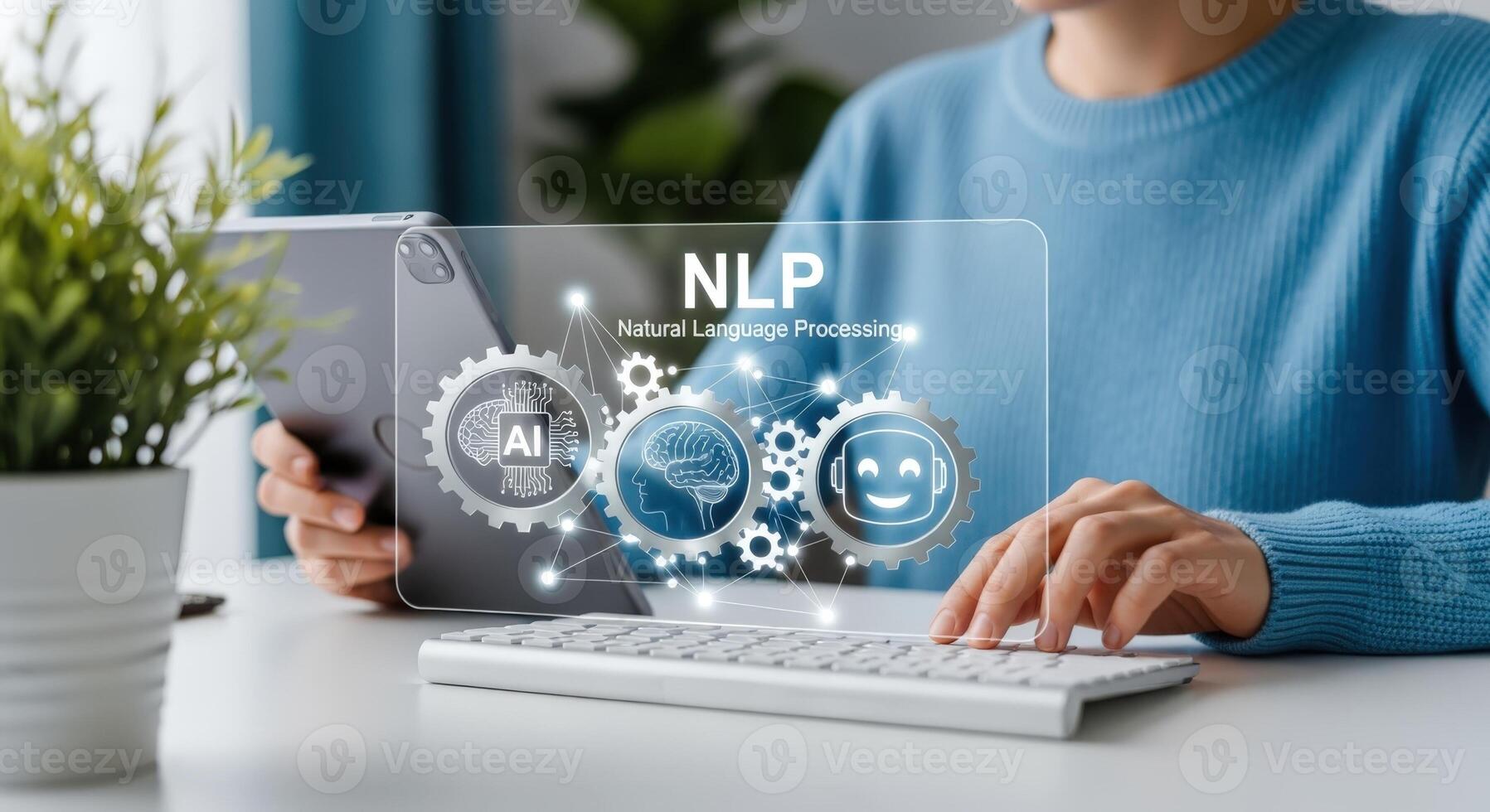Natural language processing depicted with digital interface, gear and AI concepts displayed in workspace with person photo