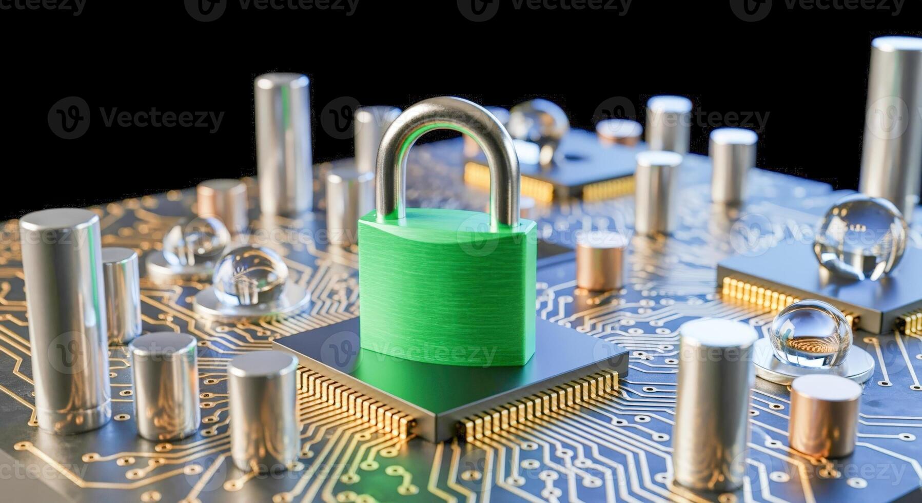 Secure Technology Green Padlock Protecting Circuit Board, Illustrating Cybersecurity and Data Protection in a Technological Environment photo