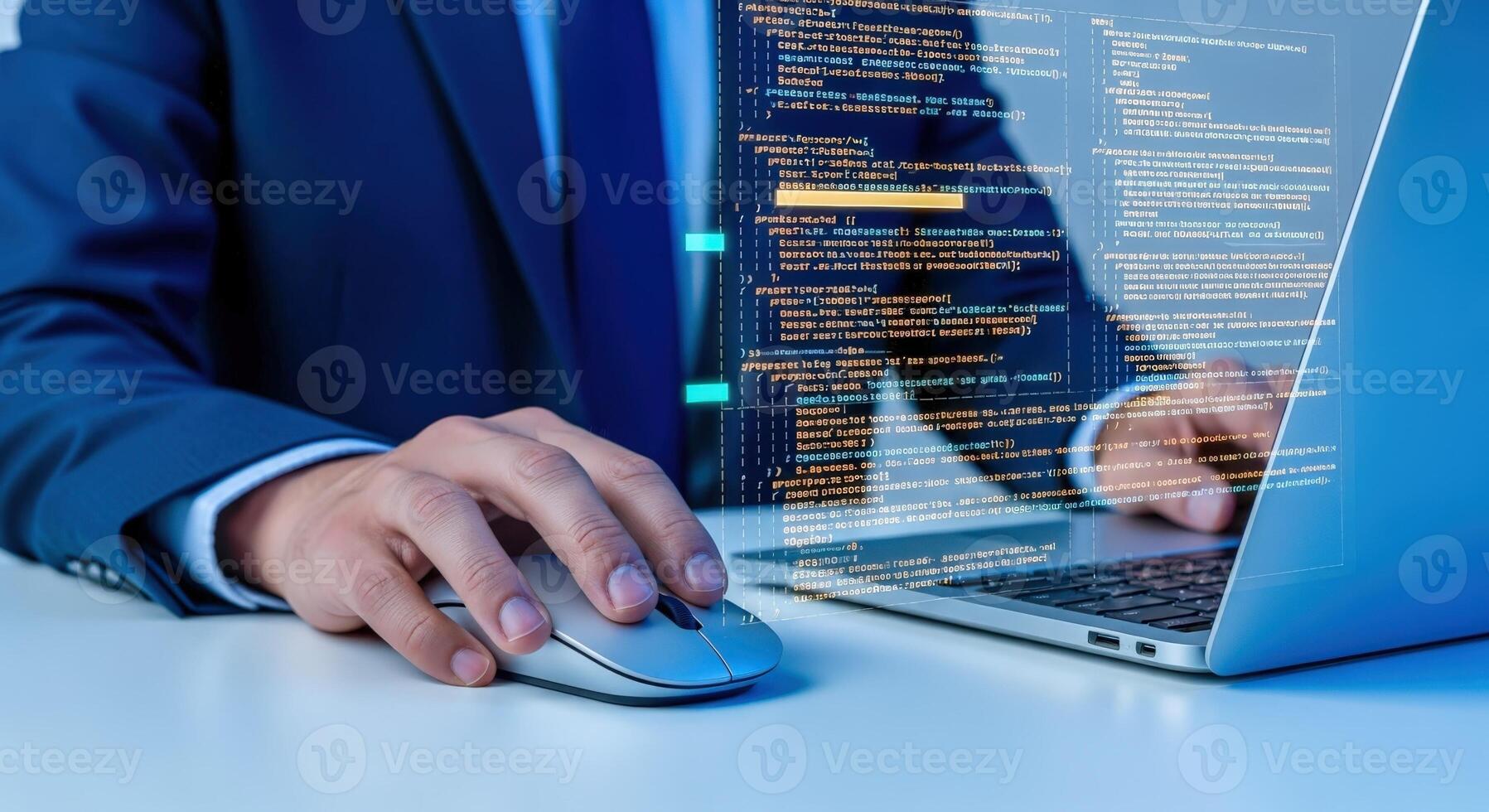 Software Developer Coding on Laptop with Overlay of Code, Demonstrating Technology and Expertise in Cybersecurity photo