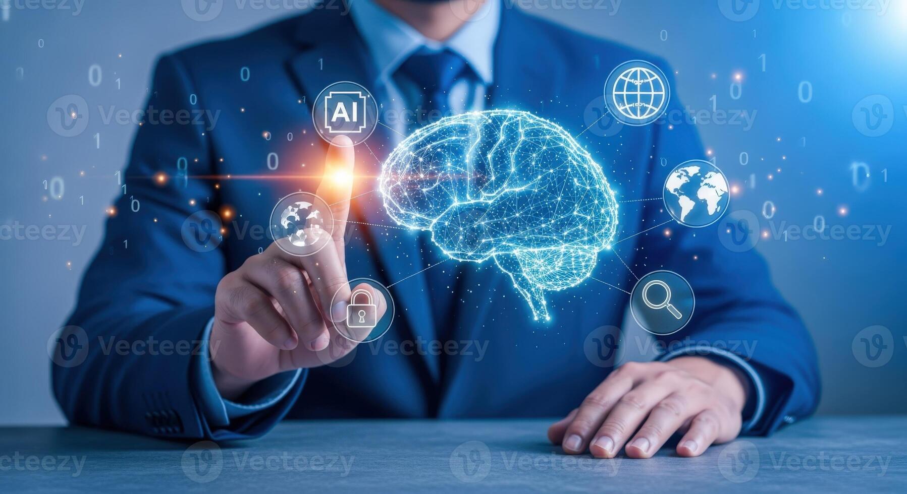 Artificial Intelligence Interface Businessman Touching Holographic Brain Representing AI, Machine Learning, and Futuristic Technology Solutions photo