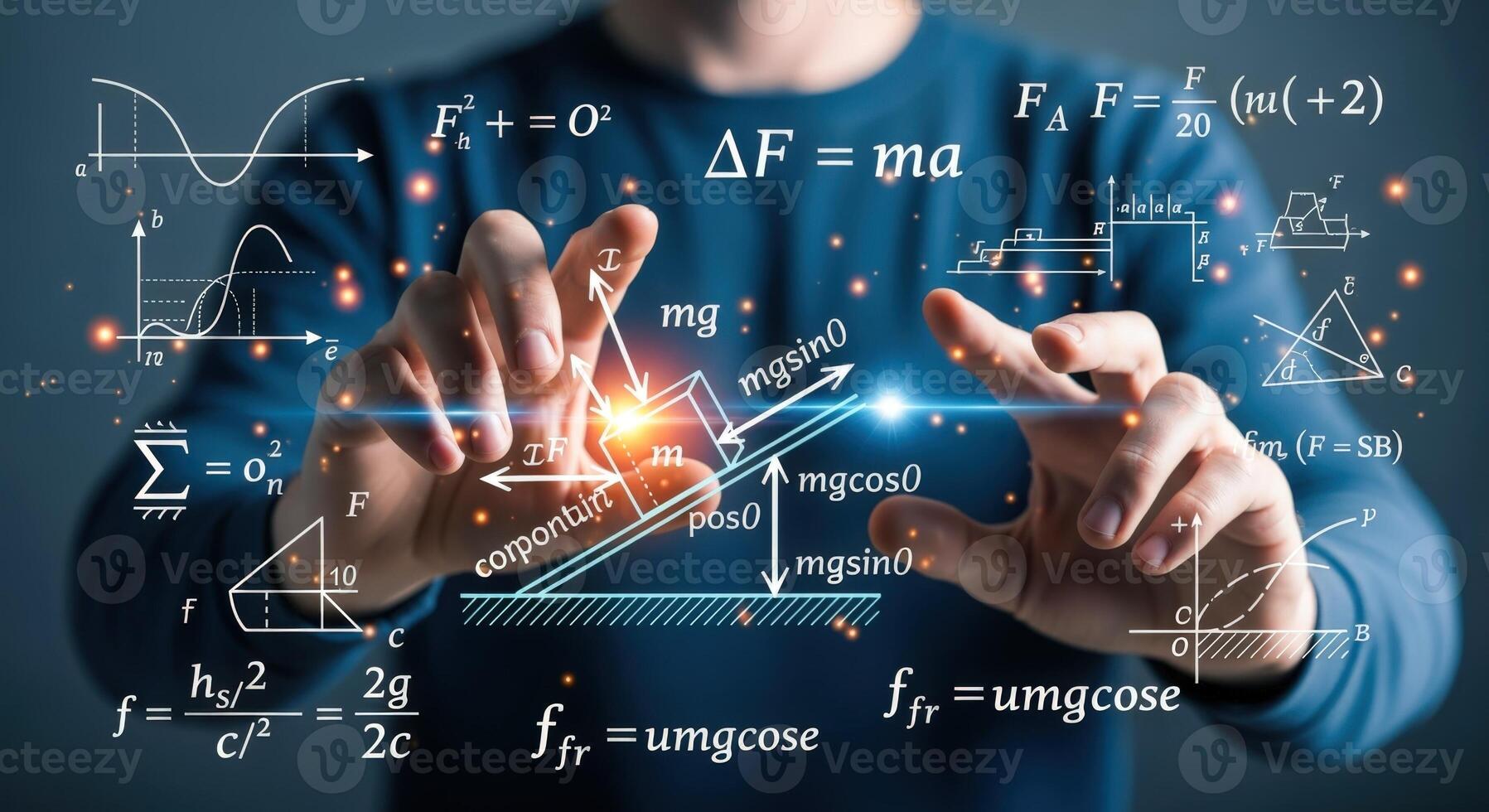 Physics Equations and Hand Gestures Man Illustrating Concepts of Physics and Mechanics with Digital Overlays photo
