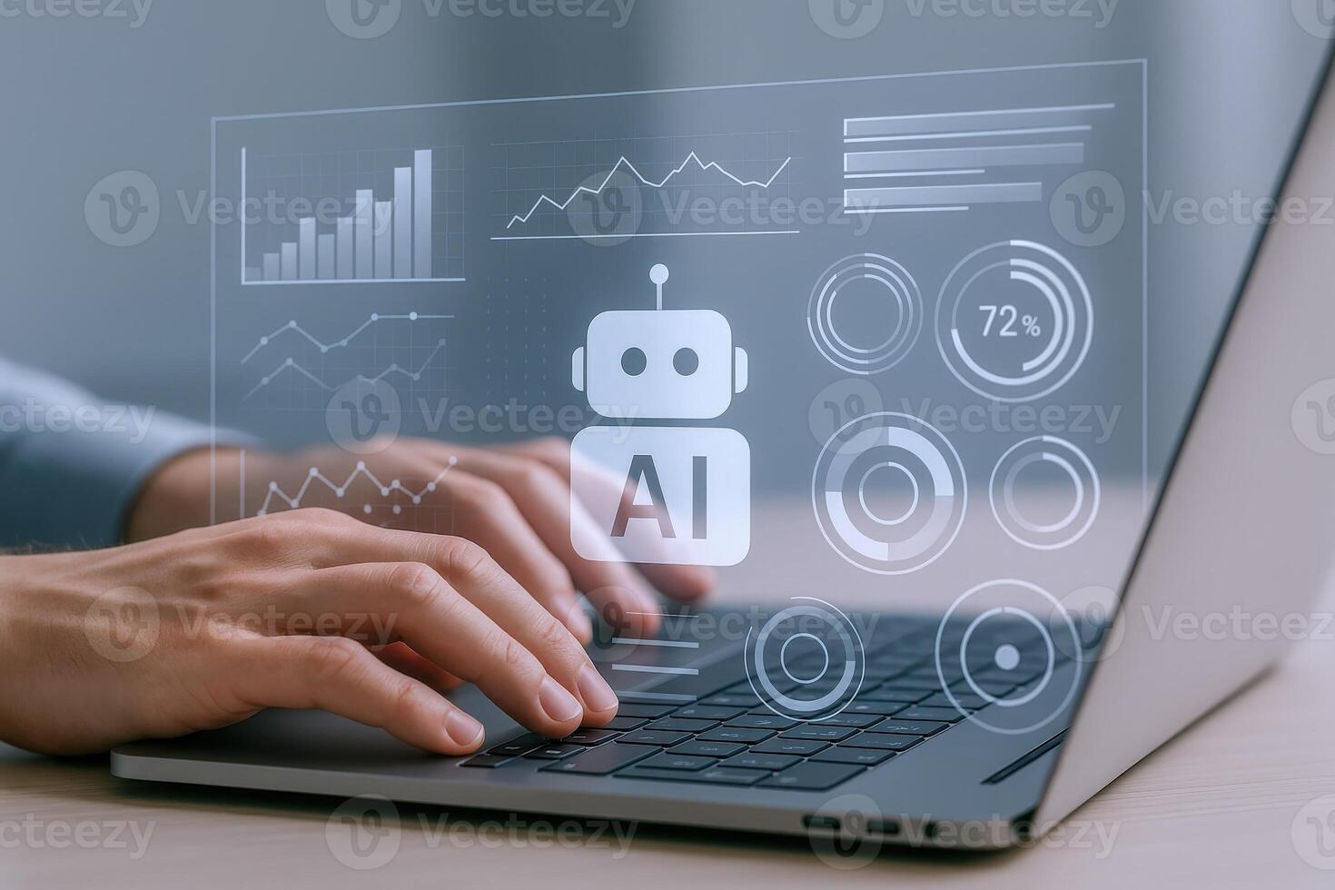 AI Integration Hands Typing on Laptop with Artificial Intelligence Interface and Data Visualization photo