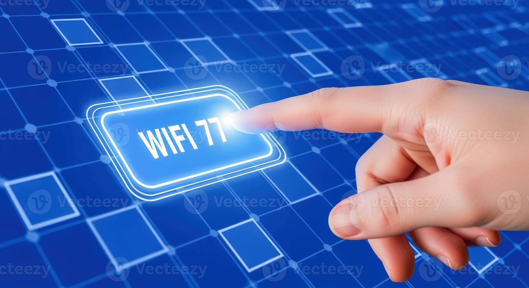 Finger pressing illuminated button with next generation wireless technology, concept for fast and reliable connectivity photo