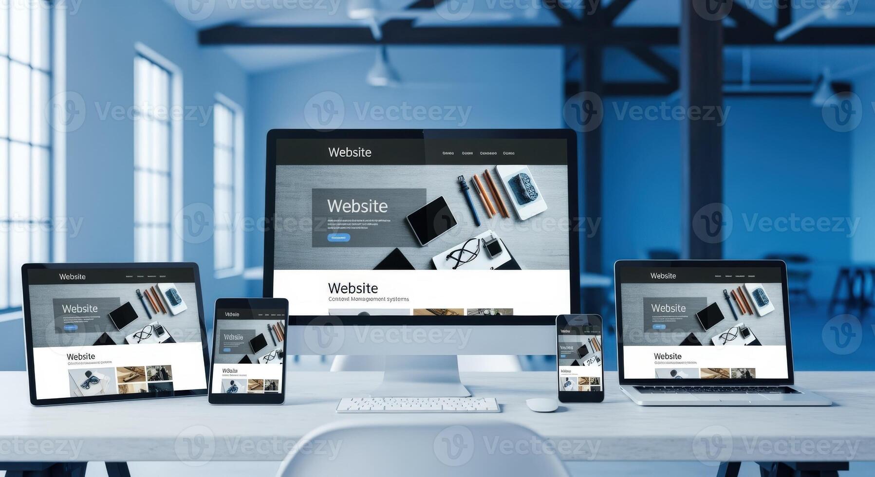 Responsive Website Design Mockup Displayed on Multiple Devices Desktop, Laptop, Tablet, and Smartphone photo