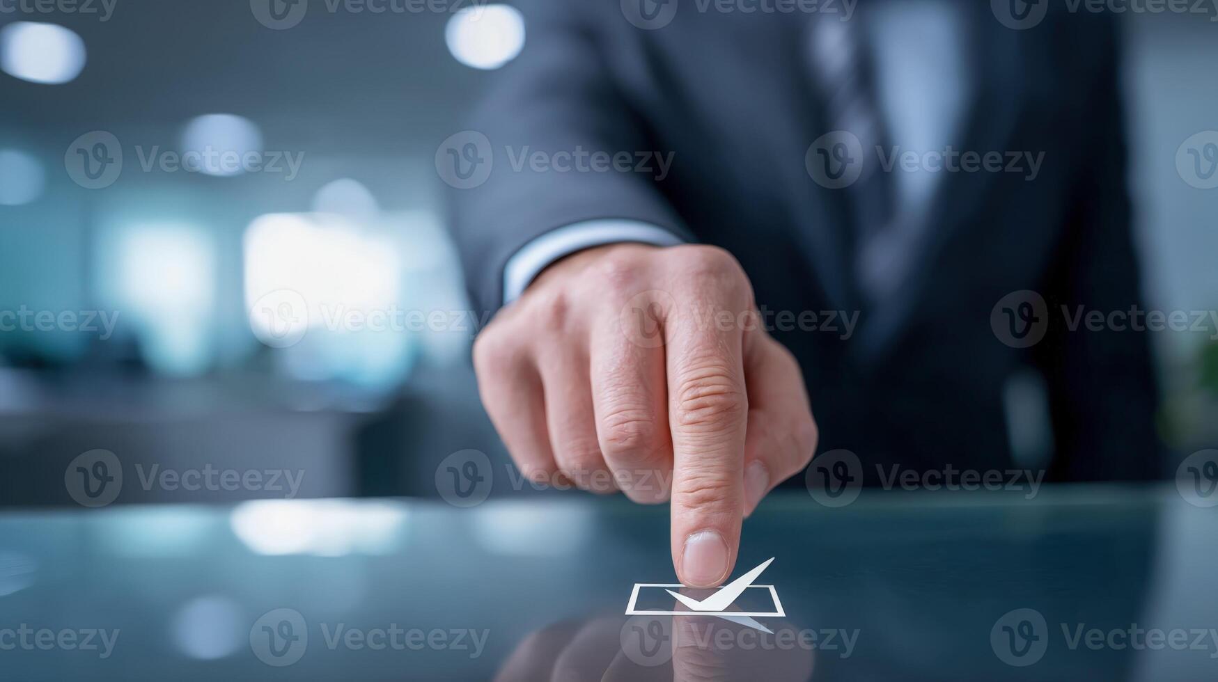Businessman Tapping Check Mark Confirmation, Validation, and Approval of Decision Making for Future Success photo