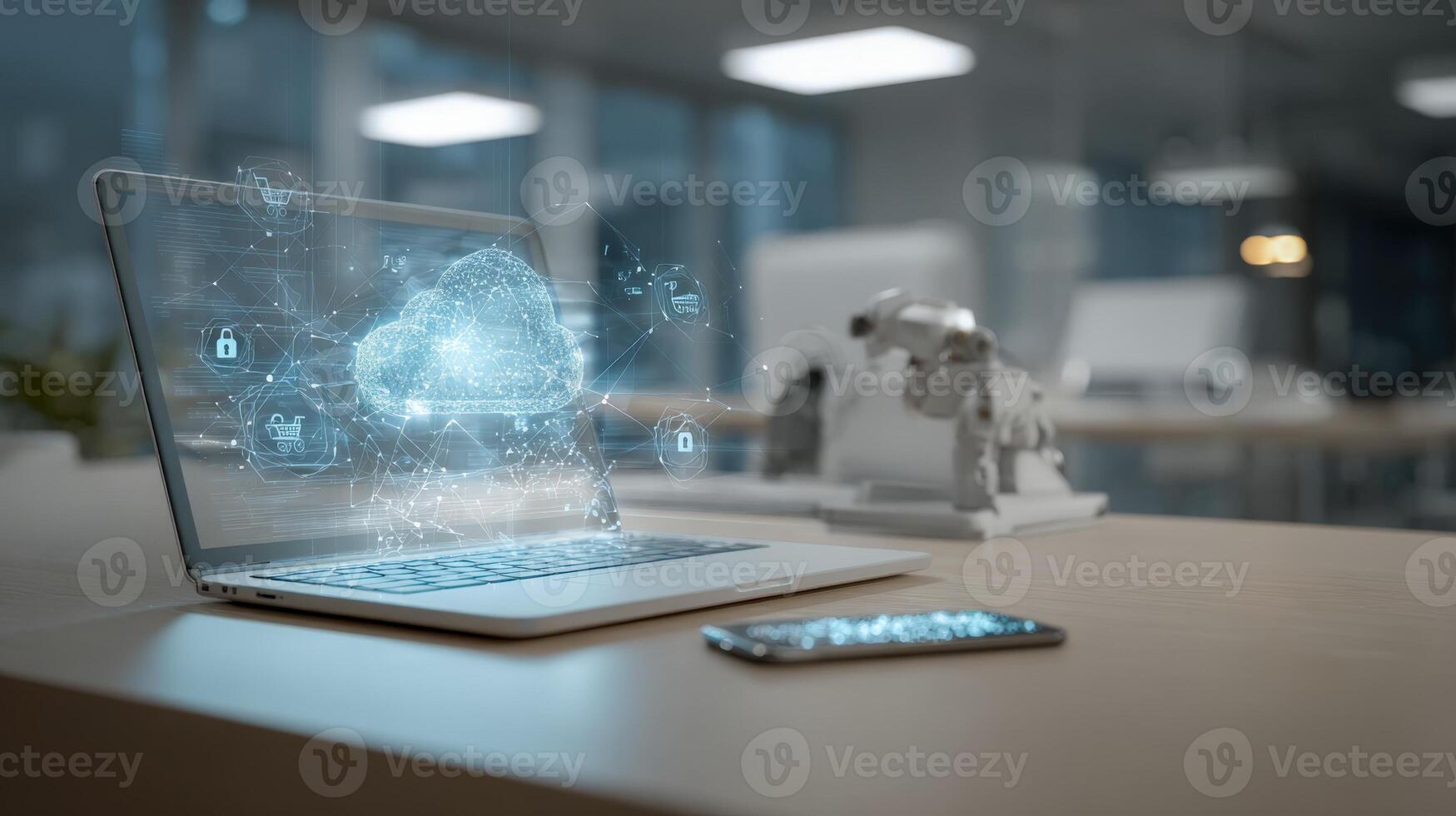 Cloud Computing Technology on Laptop Data Security, Network Solutions, and Digital Transformation in a Modern Office photo