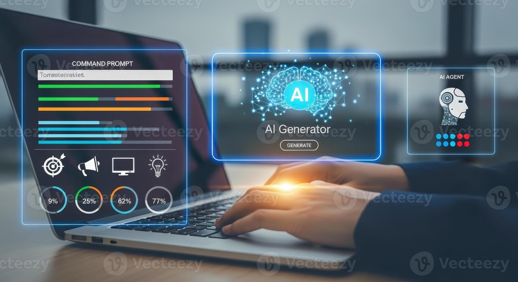 Artificial Intelligence Interface on Laptop Visualizing AI Generator, Command Prompt, and Intelligent Agent Data photo
