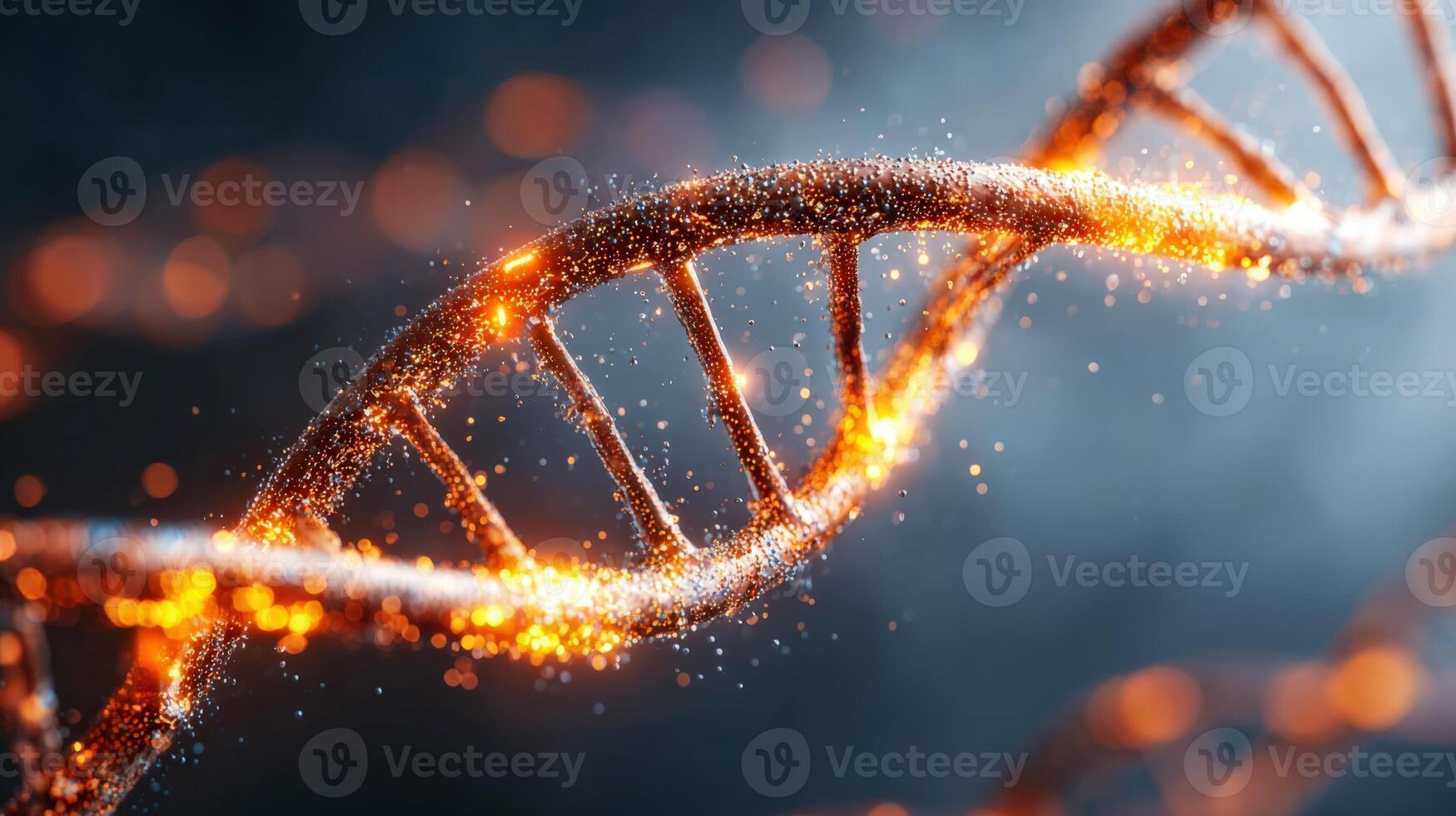DNA Strand with Glowing Particles, Close-Up Genetic Code Visualization for Science and Medical Concepts photo