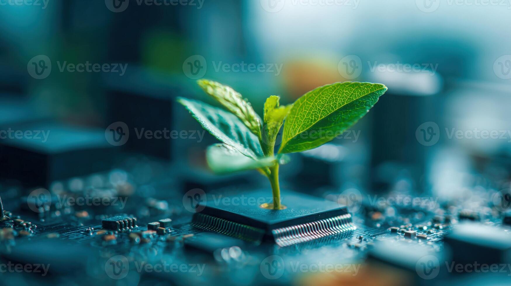 Green Technology Seedling Growing from Computer Chip, Symbolizing Innovation and Sustainable Development in Technology photo