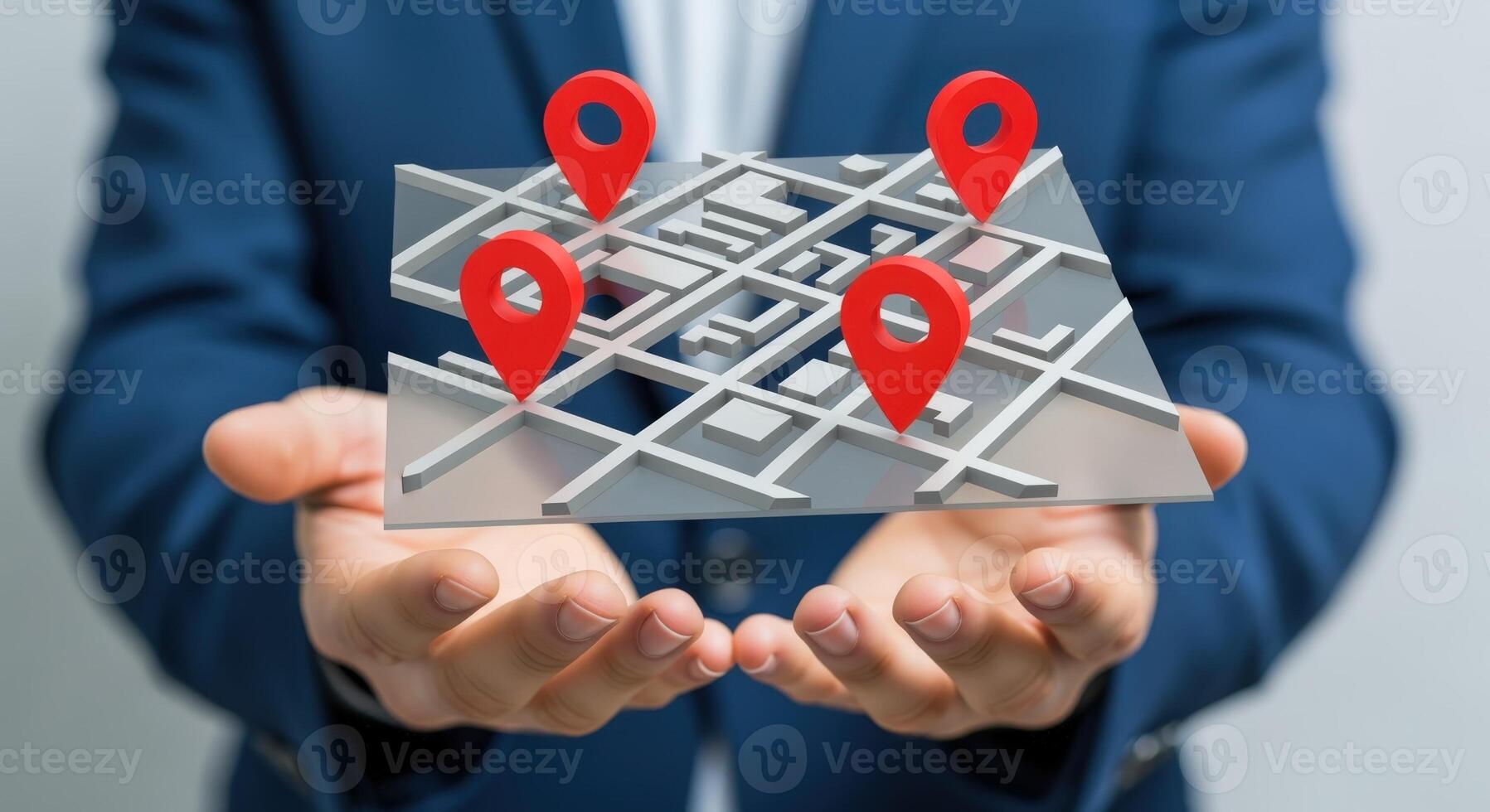 Conceptual Hand Holding Map with Red Location Pins Navigation, Business Expansion, and Target Audience photo