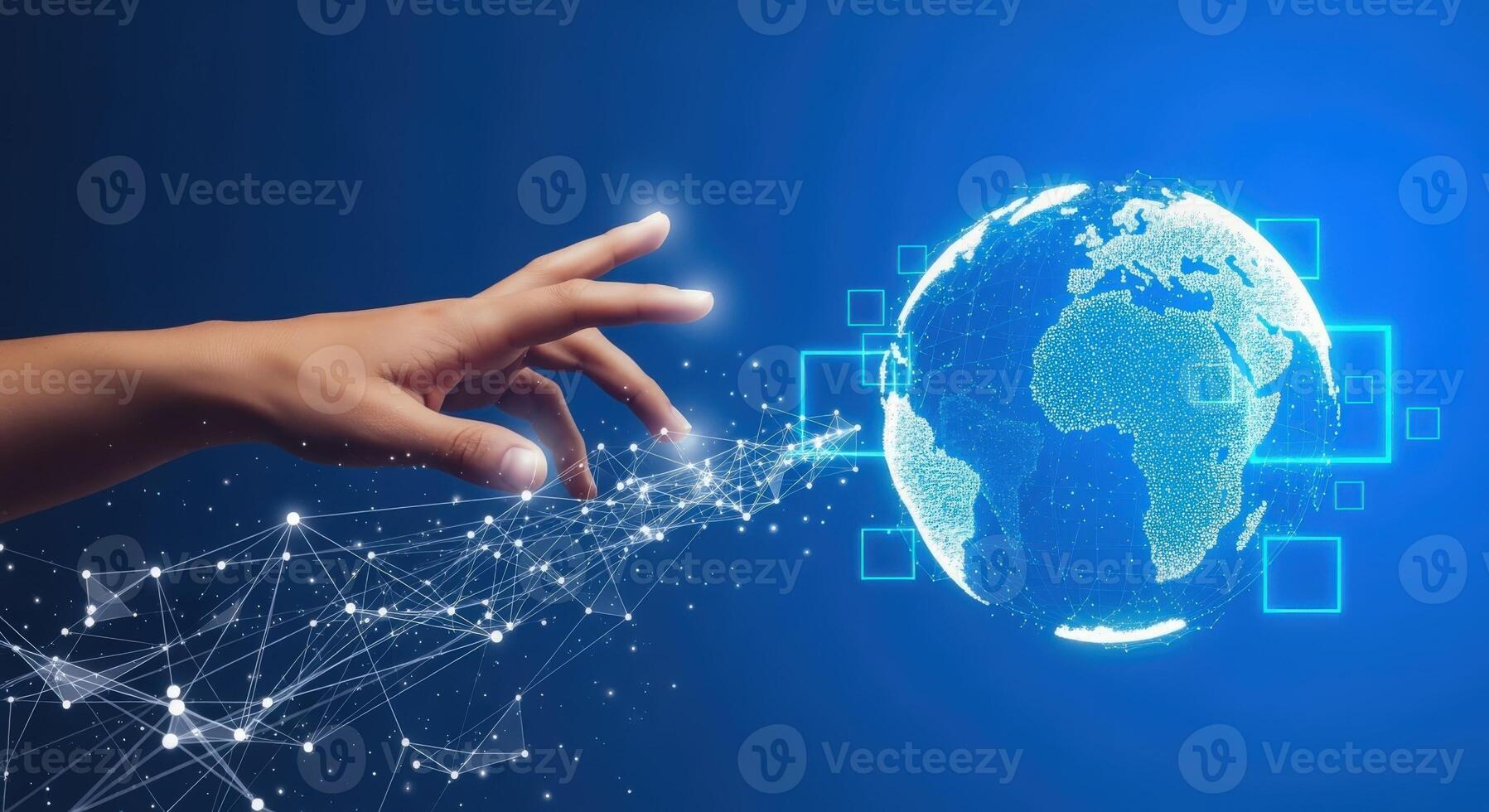 Global Network Connection Hand Connecting to Digital Earth with Abstract Data Flowing Across a Blue Background photo