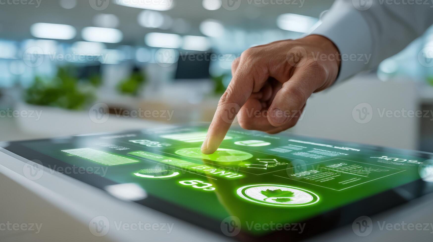 Close-up of hand interacting with a digital tablet displaying eco-friendly charts and data visualizations photo