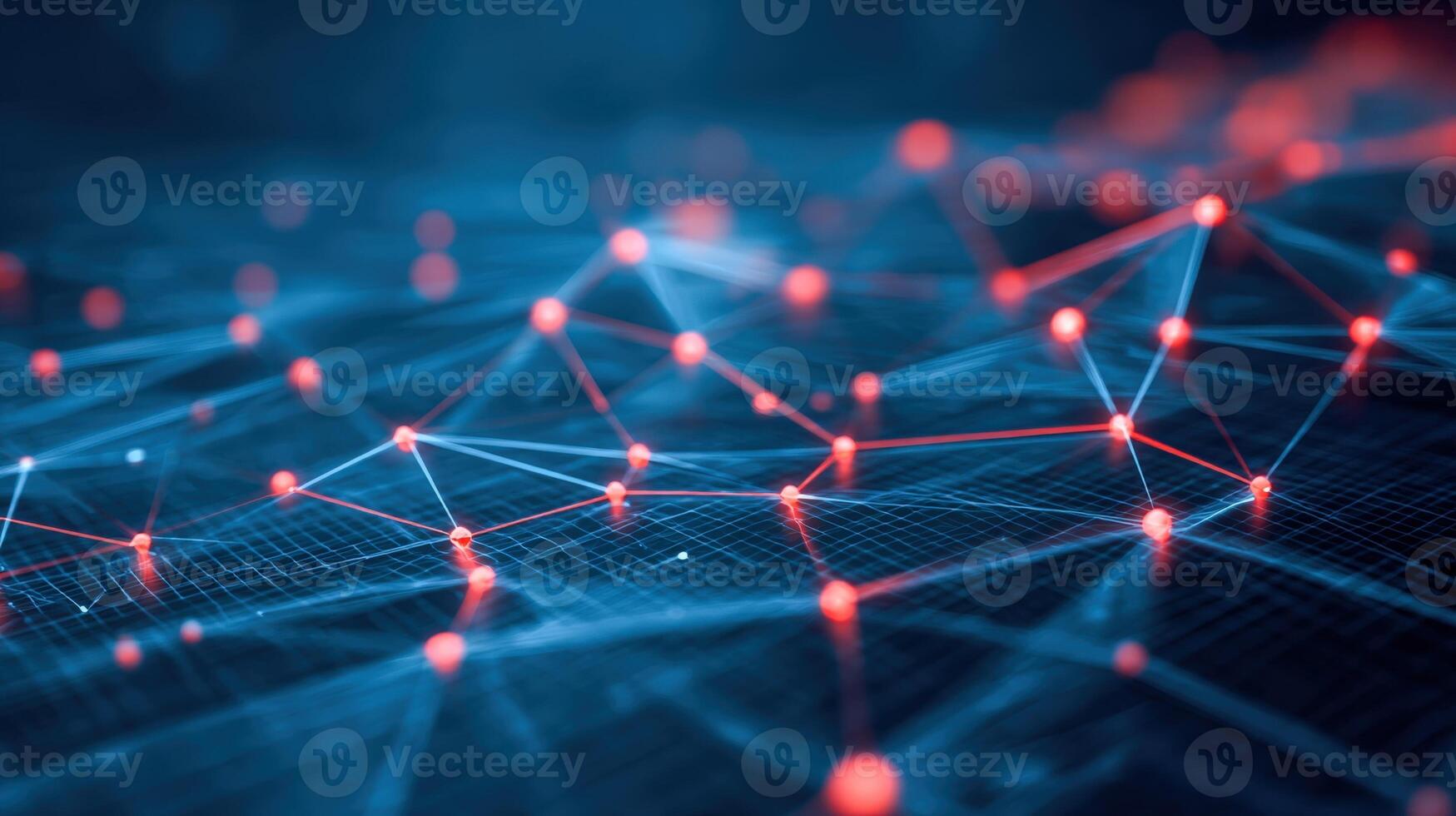 Abstract Network Connection with Red Nodes and Blue Lines, Representing Data Flow and Connectivity photo