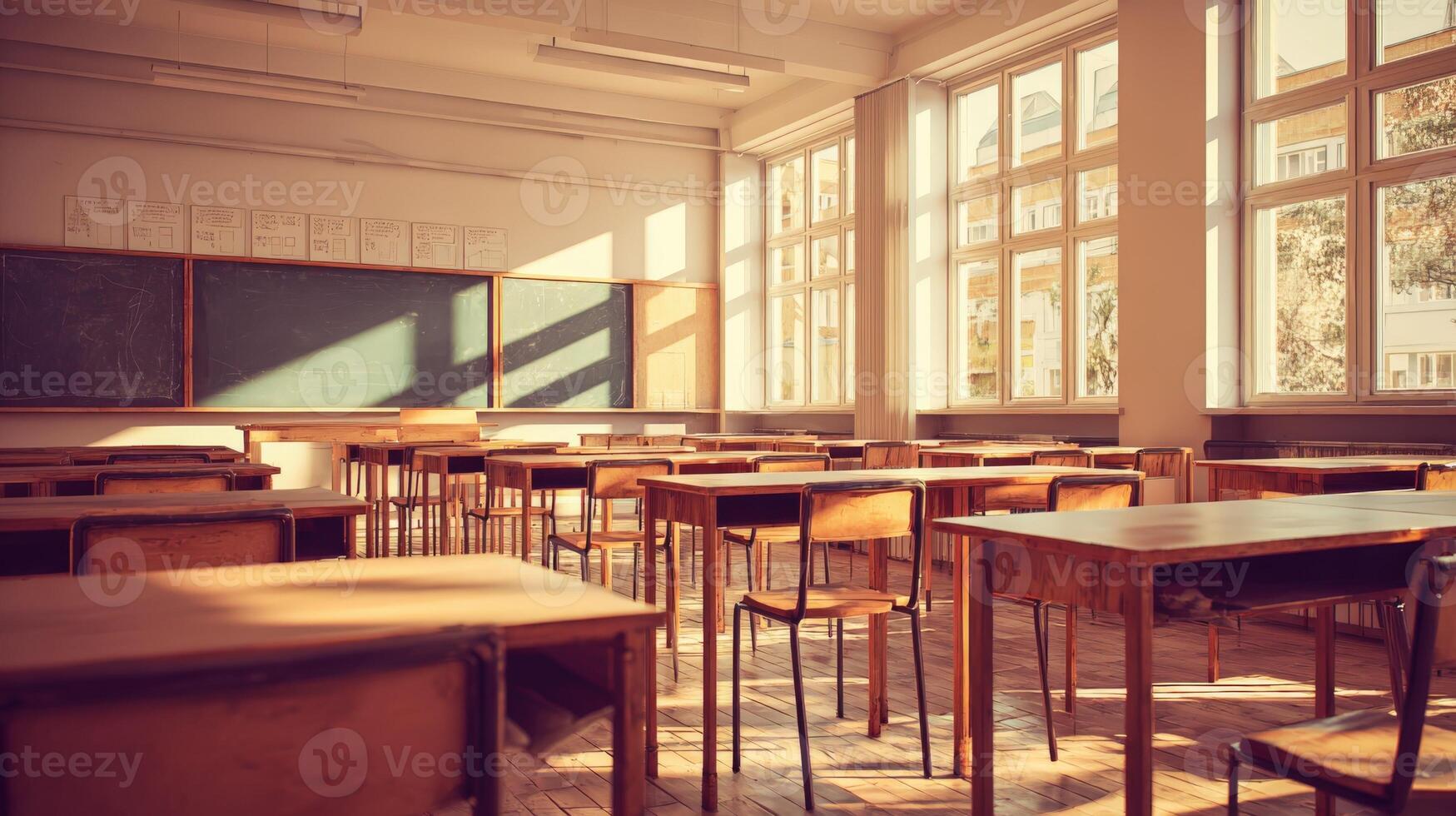 Empty Classroom with Desks and Chalkboard in Warm Sunlight Educational Setting for Learning photo