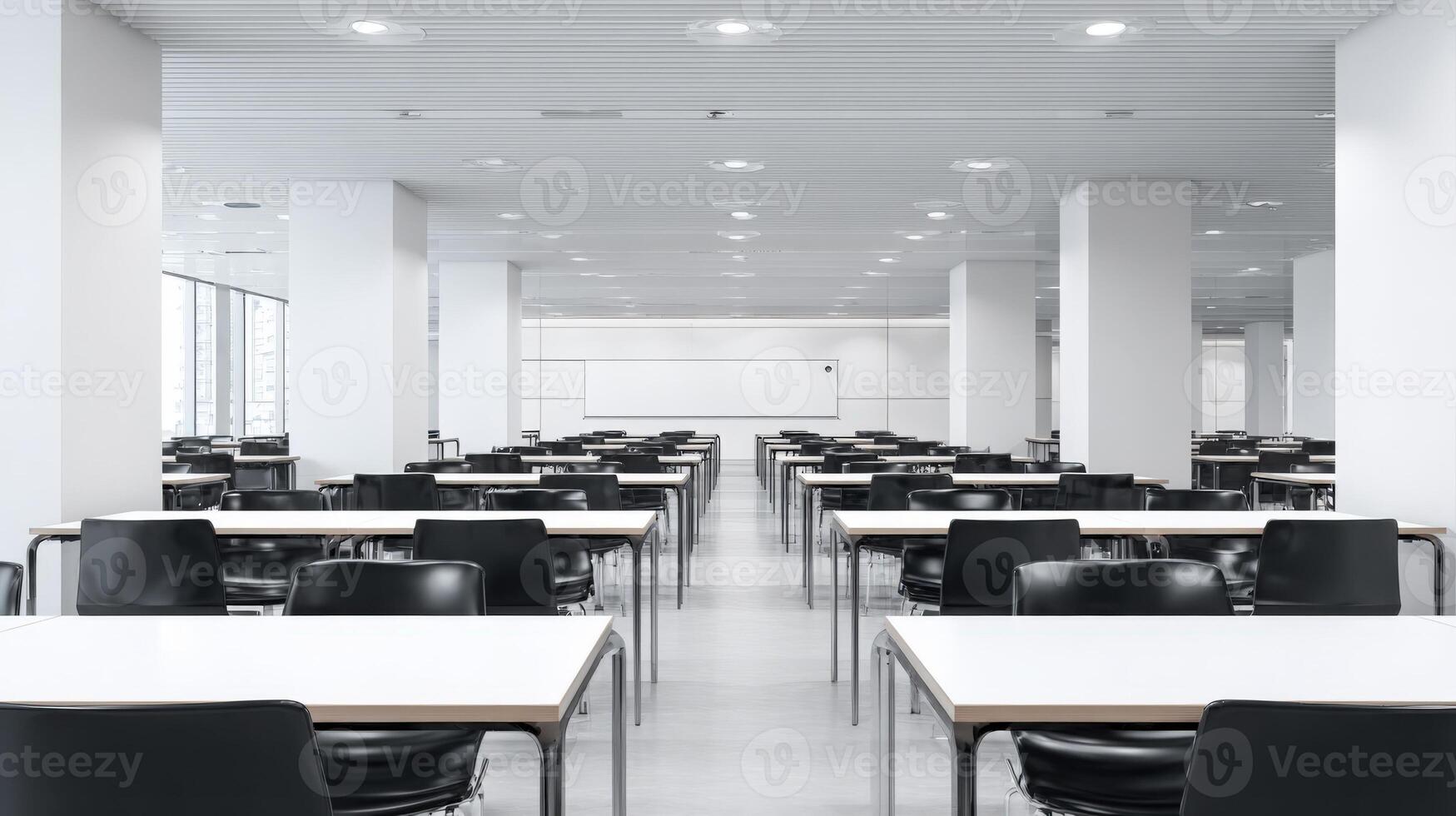 Spacious University Library Interior with Rows of Tables and Chairs in Minimalist White Design photo
