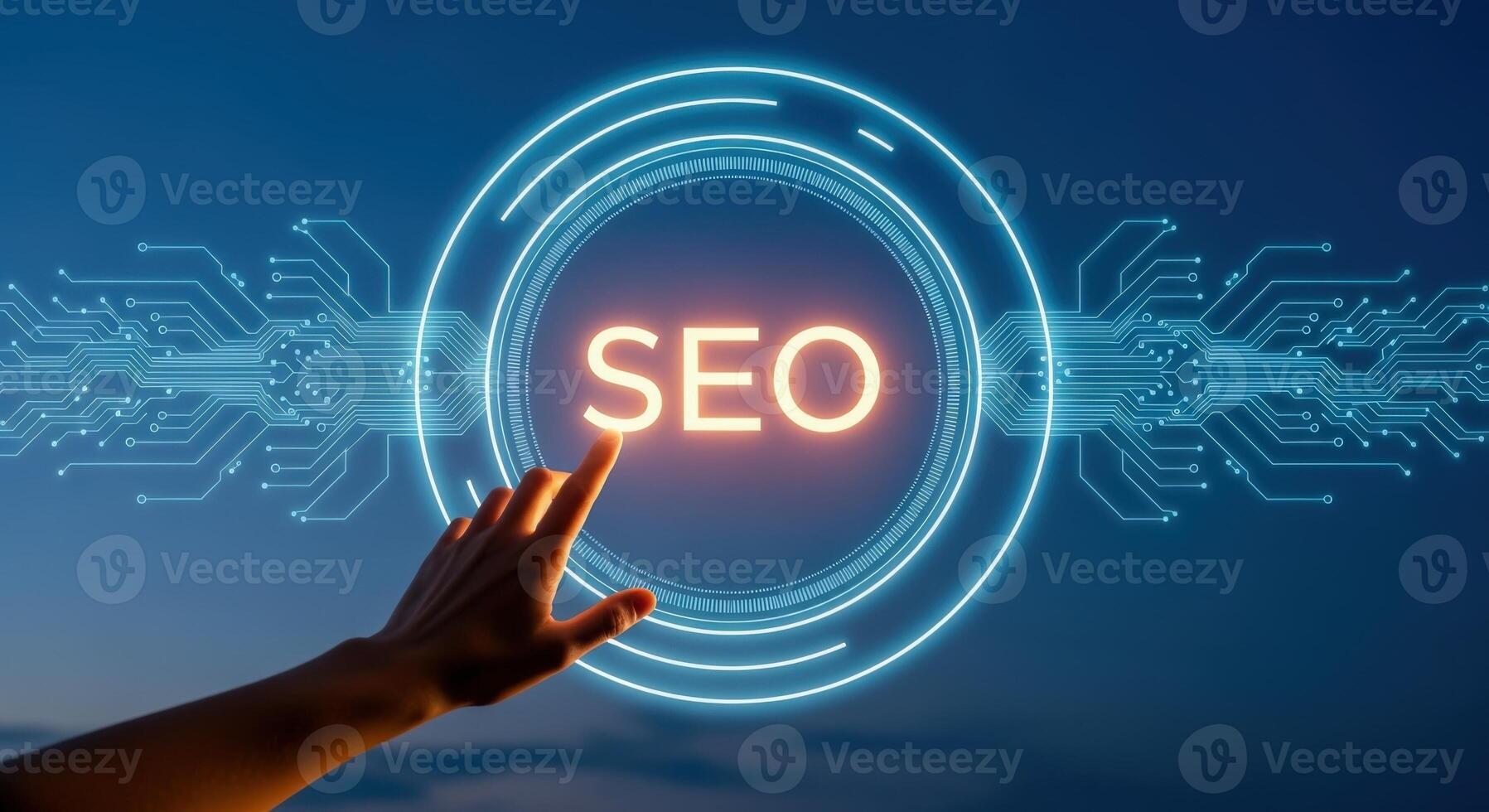 SEO Concept with Digital Interface, Person Touching Screen, Optimization Technology and Strategy, Dark Blue photo