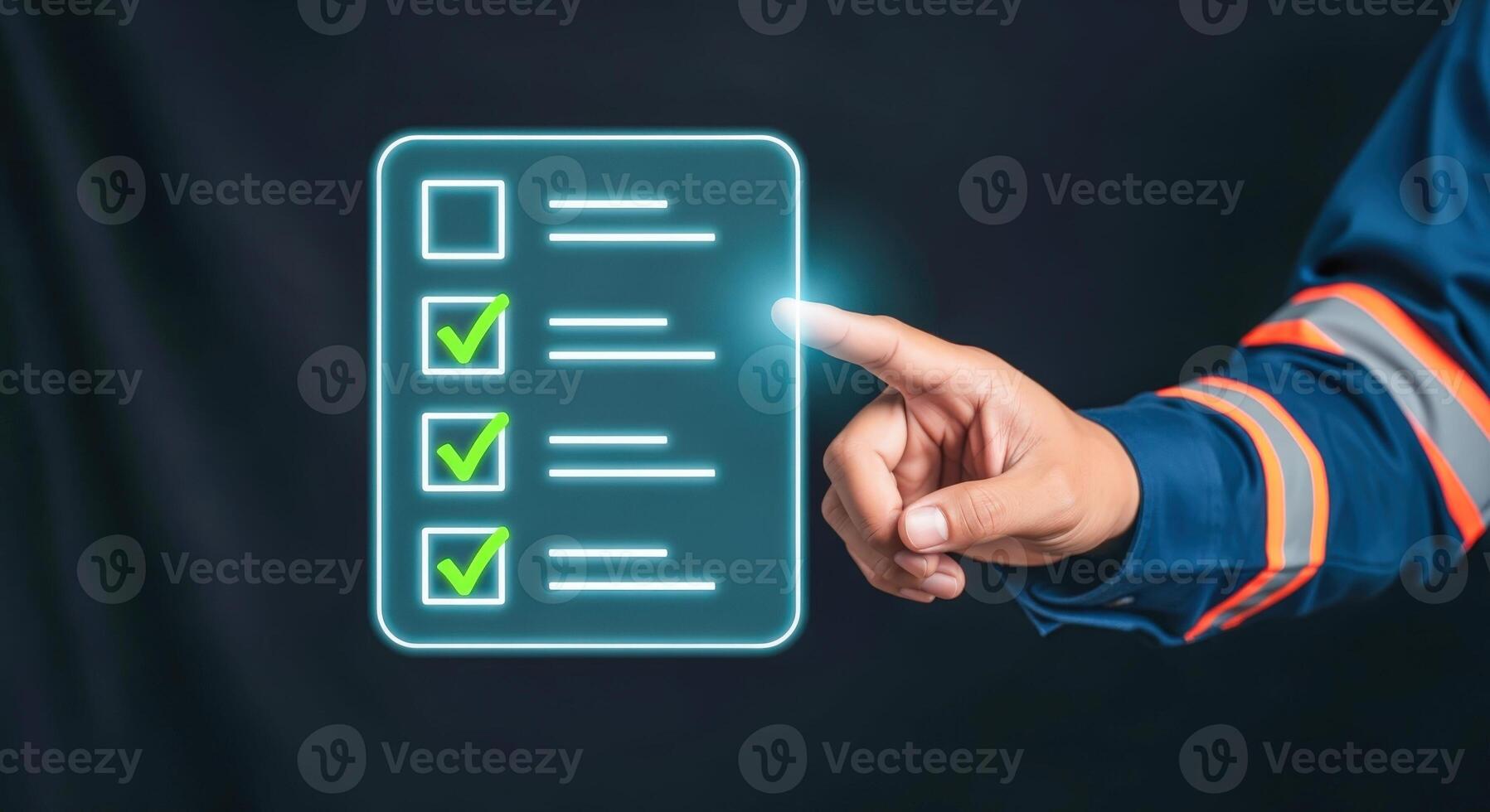 Digital Checklist with Technician Pointing and Verifying Tasks for Inspection and Quality Assurance, Isolated on Black photo