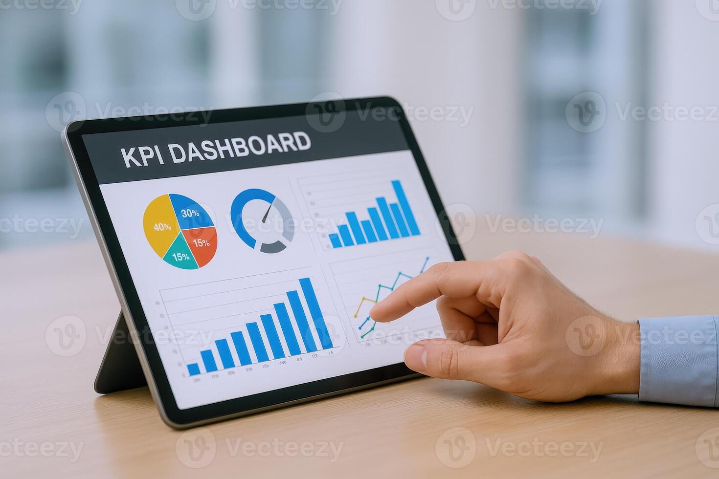 KPI Dashboard on Tablet Displayed with Hand Touching Screen for Data Analysis and Business Strategy photo