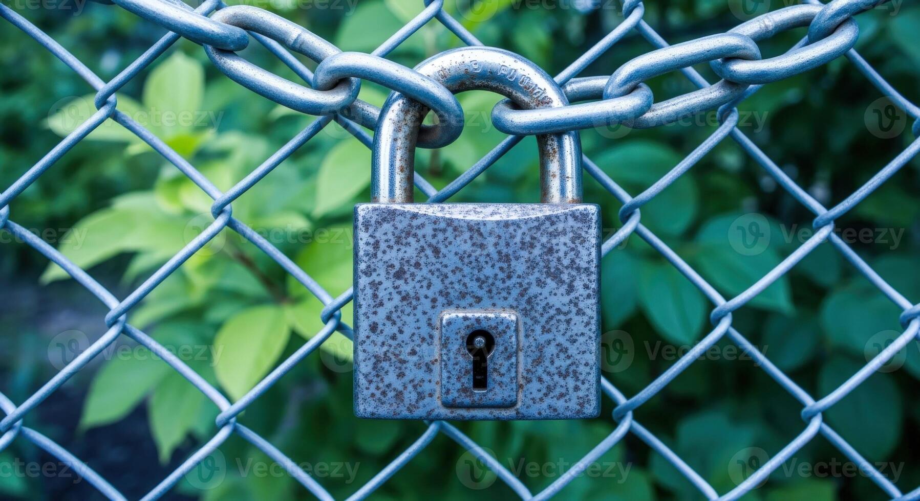 Security padlock and chain securing a chain-link fence, symbolizing protection, privacy, and restricted access in a blurred nature setting photo