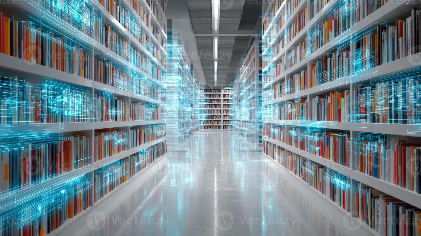 Digital Library Concept with Holographic Data Overlay, Representing Information Technology and Future Learning photo