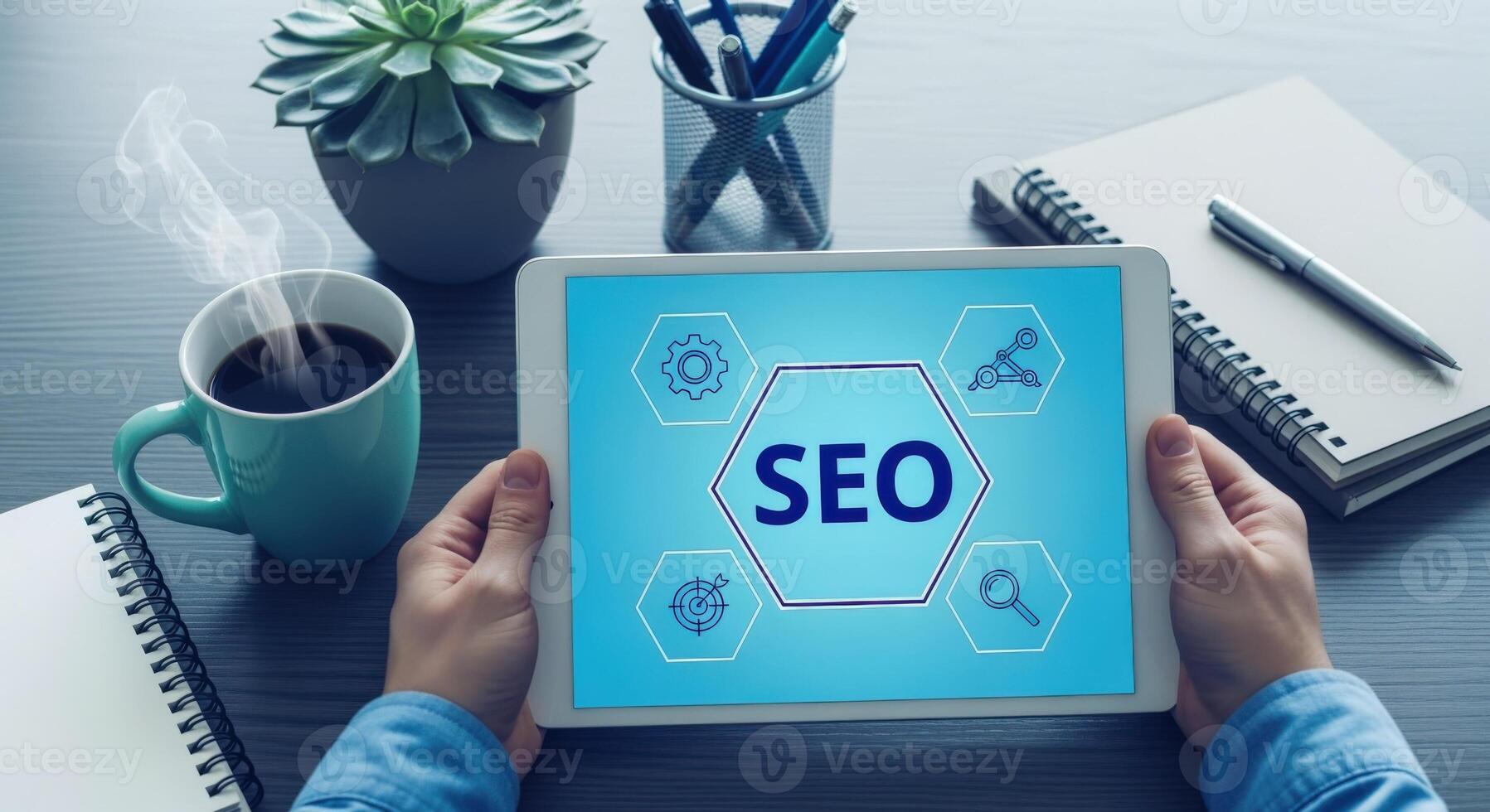 SEO Strategy Displayed on Tablet with Coffee and Notebooks for Digital Marketing Concepts photo