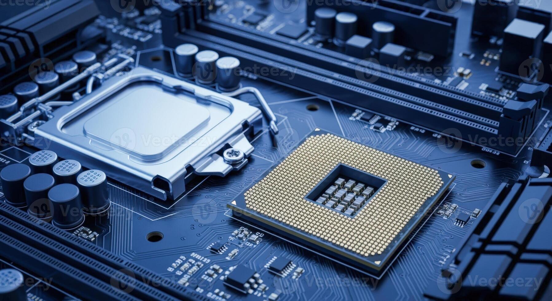 Close-up of a Central Processing Unit CPU Socket on a Modern Motherboard, Representing Computer Technology photo