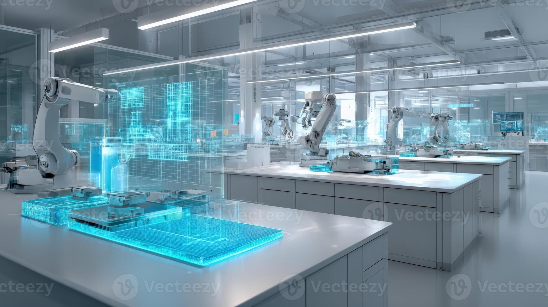 Advanced Robotics Manufacturing Facility with Digital Interface Overlaying Automated Assembly Line, High Tech Research and Development photo