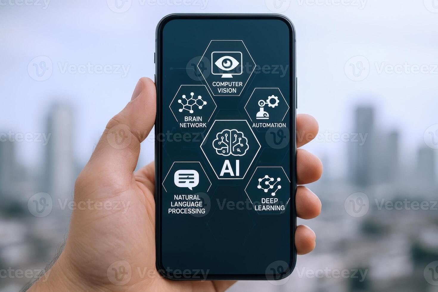 Artificial Intelligence on Smartphone Modern Technology with Computer Vision, Neural Networks, Automation, Natural Language Processing, Deep Learning photo