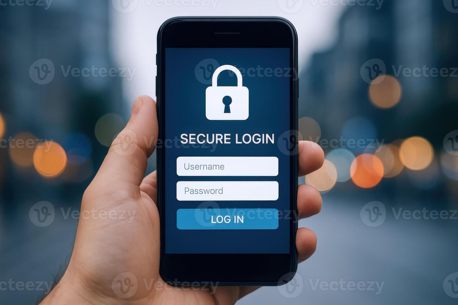 Secure Login Interface Displayed on Smartphone in Hand, Representing Digital Security and Data Protection photo
