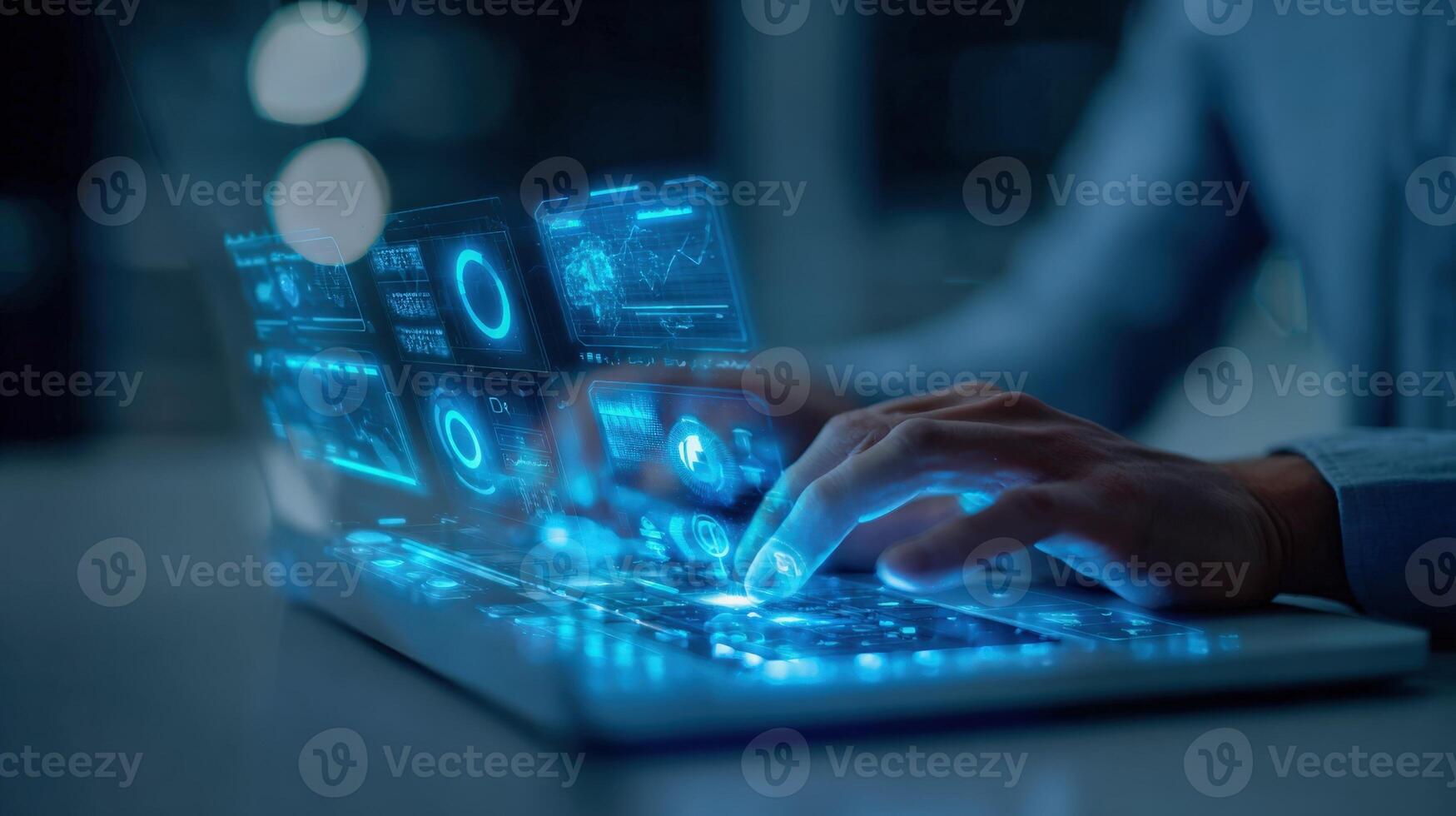 Futuristic Laptop with Glowing UI Display for Data Analysis and Software Development Applications photo