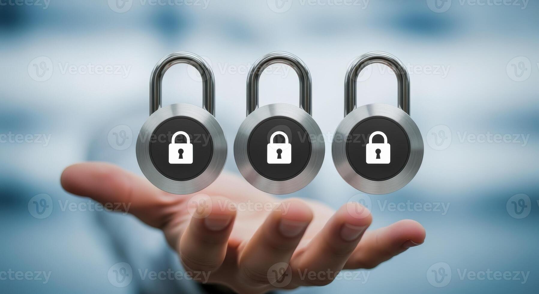 Cybersecurity Protection Hand Presenting Three Padlocks Representing Data Encryption, Secure Access, and Privacy Measures on a Blurred Background photo