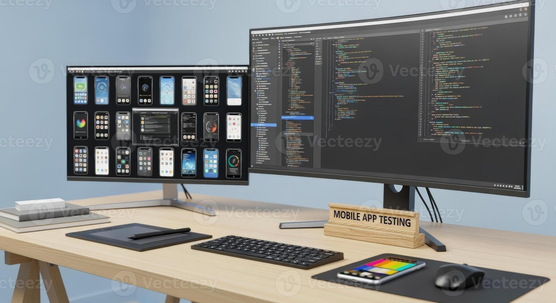 Mobile App Development Workspace with Dual Monitors Displaying Code and User Interface Testing, Modern Tech Environment photo