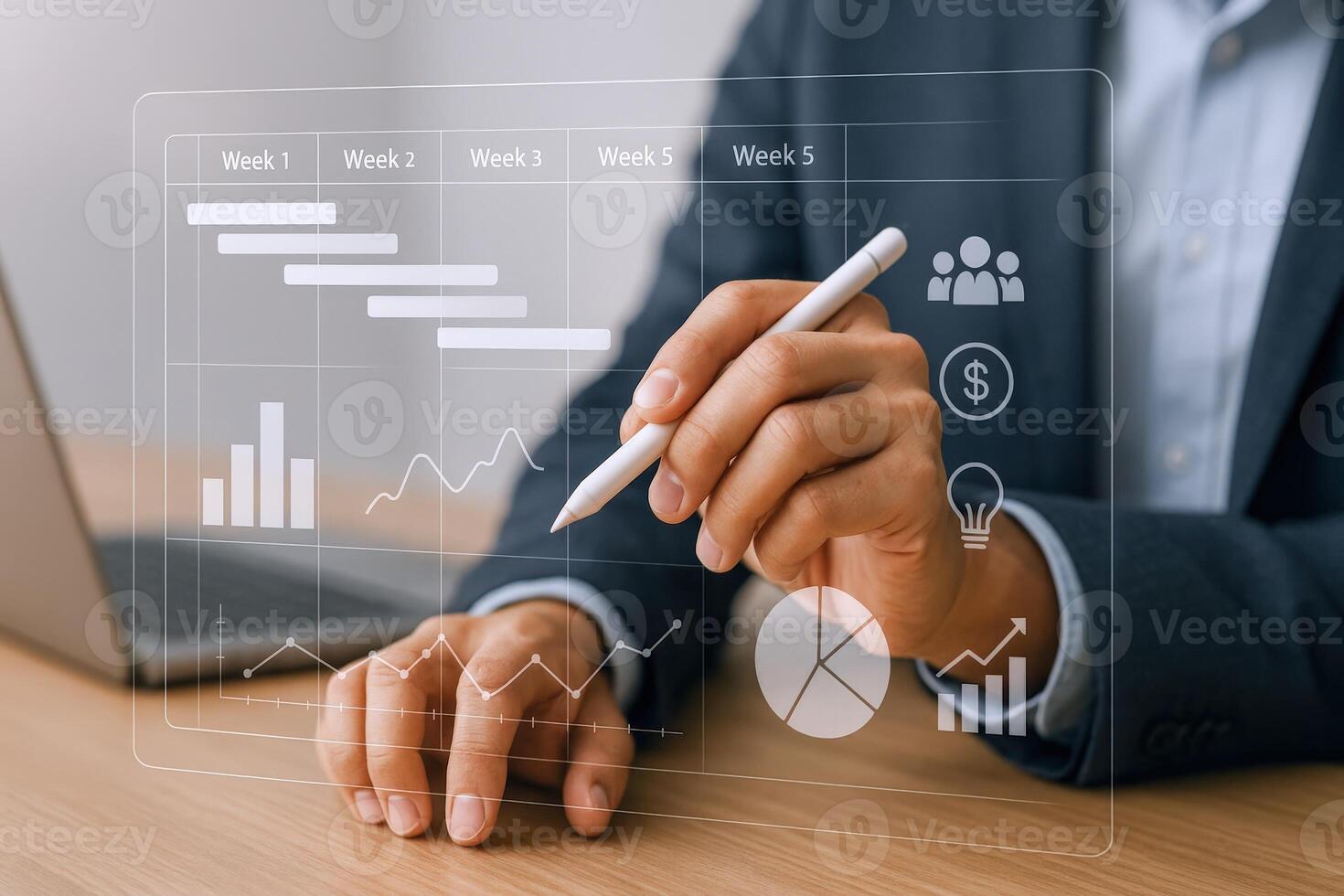 Project Management Visualization Businessman Analyzing Gantt Chart and Data Analytics for Strategic Planning and Business Growth photo